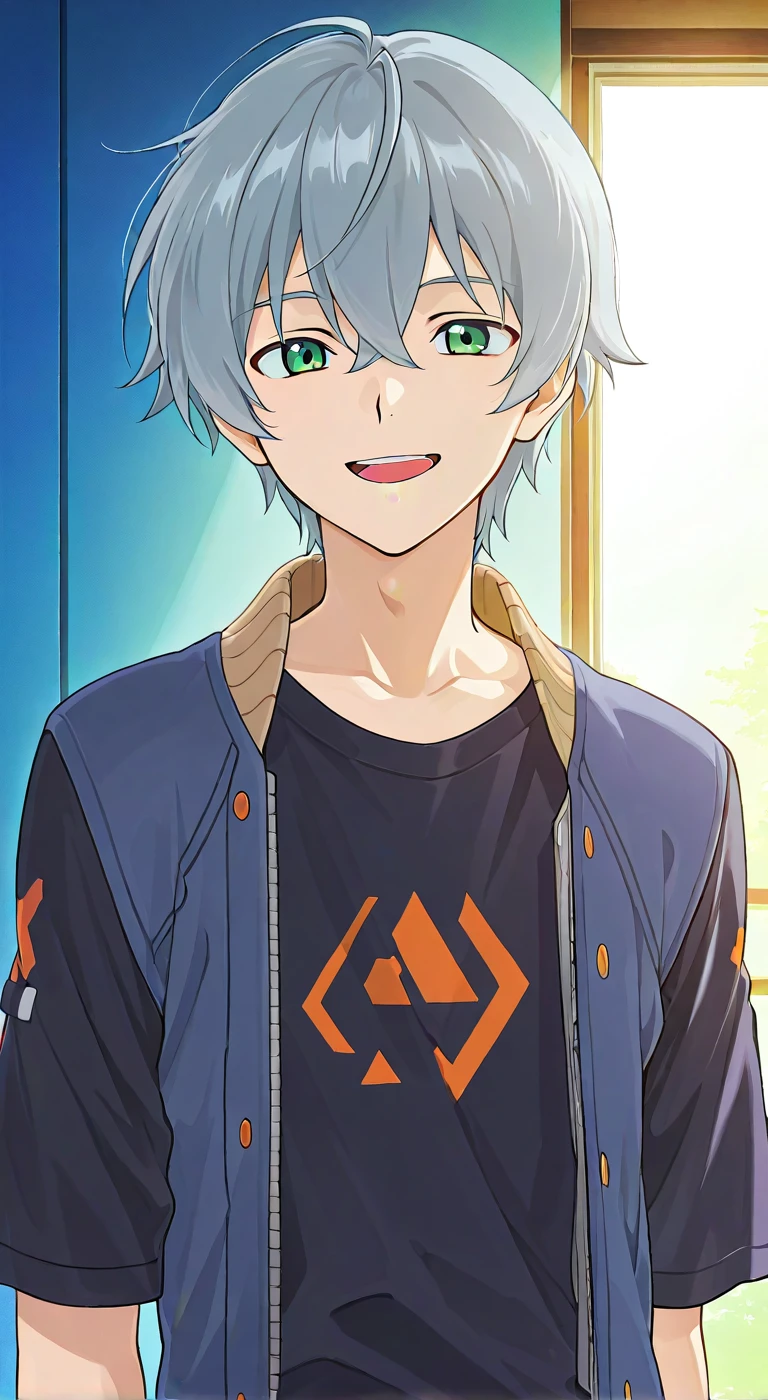 score_9, score_8_up, score_7_up, source_anime, highres, (masterpiece, best quality, (anime, anime coloring:1.3),1boy,solo,male focus,Anime screencap,grey hair,short hair,green eyes,wise(zzz),smile,open mouth,t-shirt,jacket