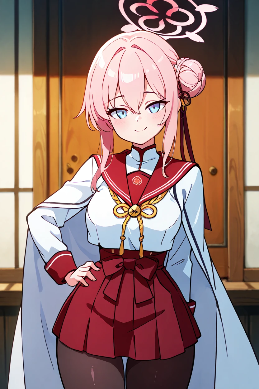 masterpiece, best quality, solo, curvy, beautiful eyes, zzMimori, blue eyes, pink hair, halo, hair bun, braided bun, long hair, pink halo, hair ornament, hair between eyes, long sleeves, red sailor collar, red skirt, solo, black pantyhose, pleated skirt, white cape, school uniform, white shirt, hakama,  <lora:MimoriBluearchiveIXL:1.0>, cowboy shot, hand on hip, smug, smile, looking at viewer, shiny skin,<lora:DiivesIXL:1.0>,