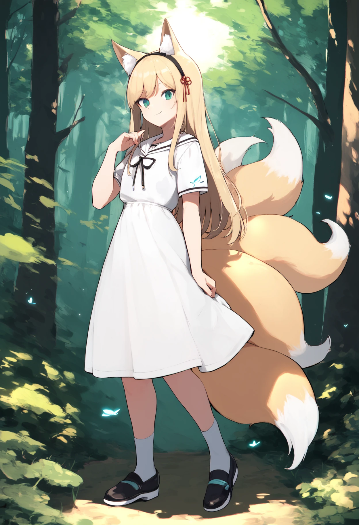 score_9, score_8_up, score_7_up,
1girl, fox tail, fox ears, green eyes, long hair, fox girl, blonde hair, animal ear fluff, multiple tails, bangs, alternate hairstyle,
black footwear, dress, full body, shoes, white dress, hairband, short sleeves, white socks,
solo, smile, standing, ooking at viewer, hand up, closed mouth,
forest, sun,
 <lora:accio-style:1>,accio-style,