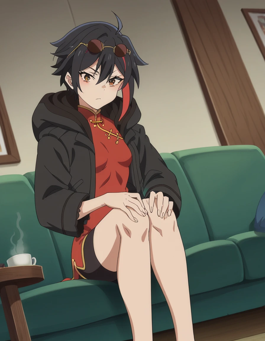 score_9, score_8_up, score_7_up, source_anime, <lora:maou2099-takahashi-s1-ponyxl-lora-nochekaiser:1>, maou2099 takahashi, short hair, black hair, brown eyes, ahoge, red hair, multicolored hair, streaked hair, mature female, small breasts, anime screencap,, dress, jacket, hood, chinese clothes, sunglasses, bike shorts, china dress, eyewear on head, living room, sofa, TV, coffee table, decor, , hands on own knees, looking at viewer, solo,, dutch angle, cowboy shot