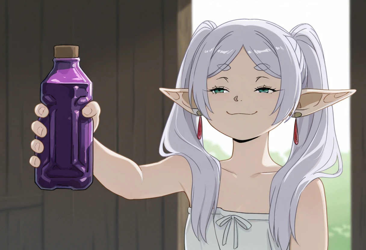 (masterpiece, high quality, amazing detail), highres, you can just give this kind of thing to men and they will be thrilled (meme), 1girl, frieren, elf, twintails, pointy ears, white dress, smug, holding, bottle, purple liquid <lora:you_can_just_give_this_kind_of_thing_to_men_and_they_will_be_thrilled_meme-06:1>