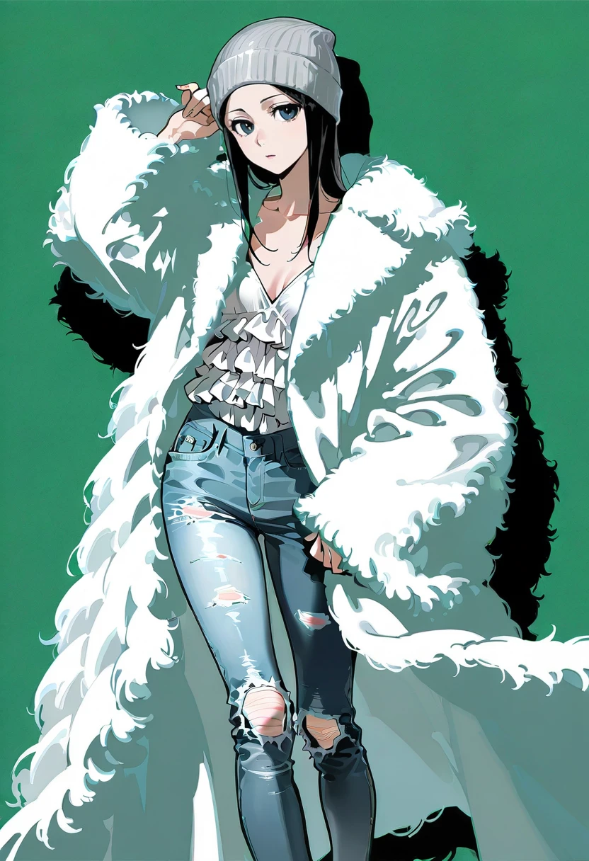 1girl,solo,looking at viewer,ikeda ruriko,long tulle jacket, coat, frills, fluffy, torn jeans, beanie, kuchiki_rukia