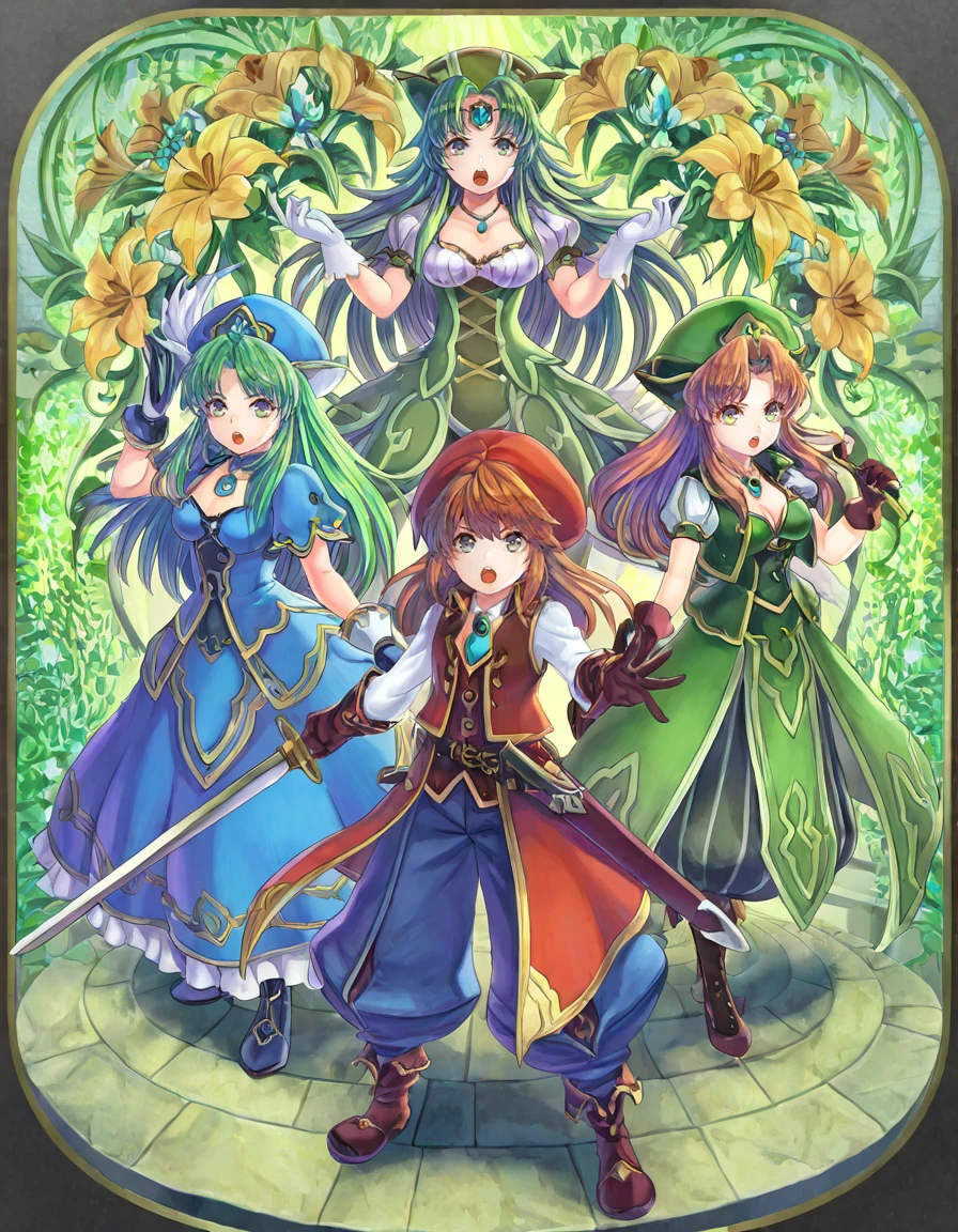 <lora:GAME_STYLE_Echoes_of_Mana_IL:1>,
airbrush \(medium\),
BREAK
1boy, 2girls, multiple girls, brown hair, open mouth, blue eyes, pants, holding sword, hat, flower, green hair, long hair, yellow eyes, standing, gloves, vest, breasts, jewelry, green eyes, :o, ,masterpiece, best quality,