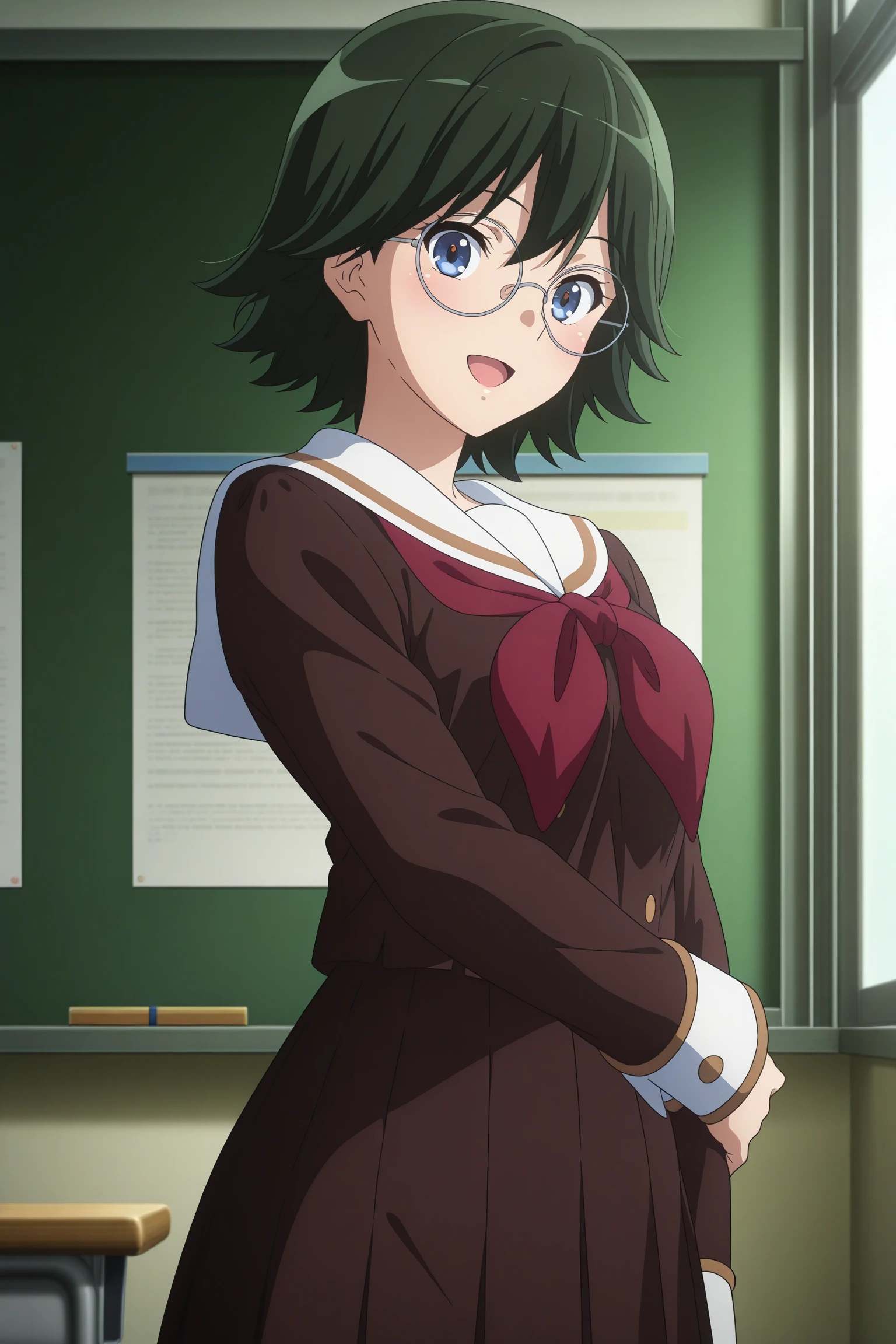 masterpiece, best quality, amazing quality, highres, absurdres, very aesthetic, high resolution, ultra detailed, perfect details, 1girl, solo, indoors, classroom, medium breasts, kamaya tsubame, short hair, green hair, wispy bangs, blue eyes, round eyewear, serafuku, brown serafuku, white sailor collar, red neckerchief, long sleeves, brown skirt, pleated skirt, white kneehighs, loafers, <lora:Tsubame_Kamaya_ILXL:0.8>, (aged up:1.2), (upper body:1.1), looking at viewer, smile, anime coloring, anime screencap, (pose:1.5), open mouth, from side