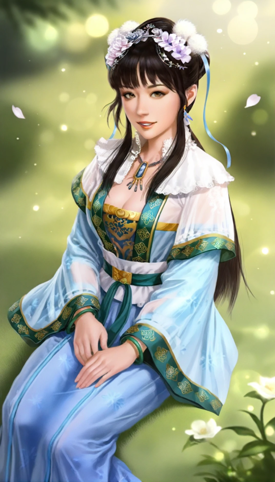 A woman in a blue dress sitting on a rock in a field - SeaArt AI