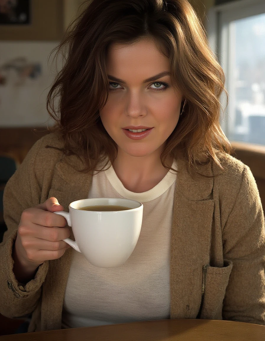 glamour portrait of a young woman, having coffee in a vintage cafe, wearing a t-shirt and jacket, natural light, RAW photo, subject, 8k uhd, dslr, soft lighting, high quality, film grain, Fujifilm XT3