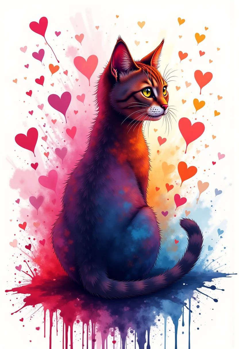 "Coloful Ink splash art style of a cute cat viewed from the side. Colorful inksplash hearts background.