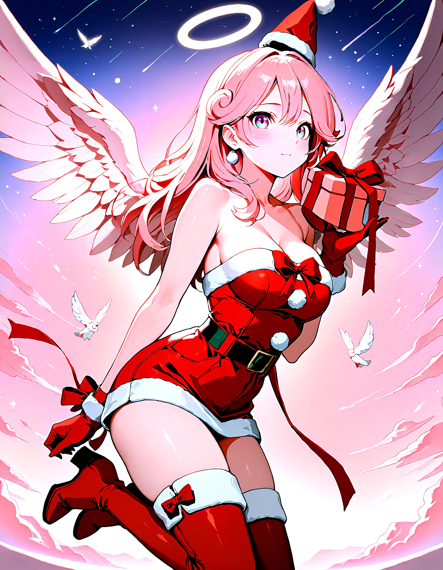 masterpiece, best quality, absurdres, highres,
injection_fairy_lily, 1girl, pink_hair, medium_breasts, angel_wings, mini_santa_hat, thighhigh_boots, red_and_white_outfit, pastel_sky, holding_gift, afternoon, golden_hour, santa_dress, naked_ribbon,