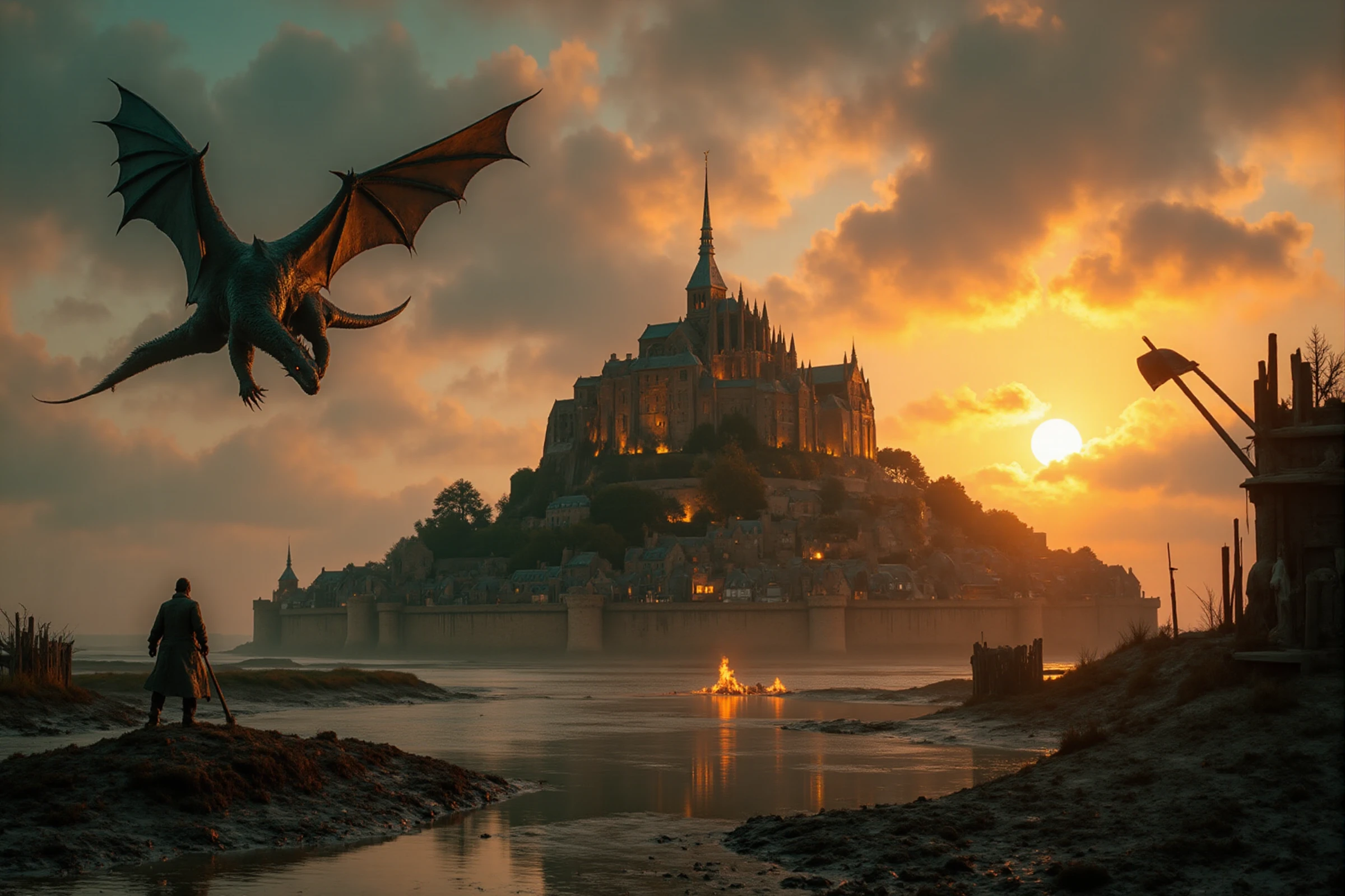 <lora:Mont Saint Michel:0.9> mont saint michel island. medieval siege scenery, war, catapult, dragons flying and spitting flames