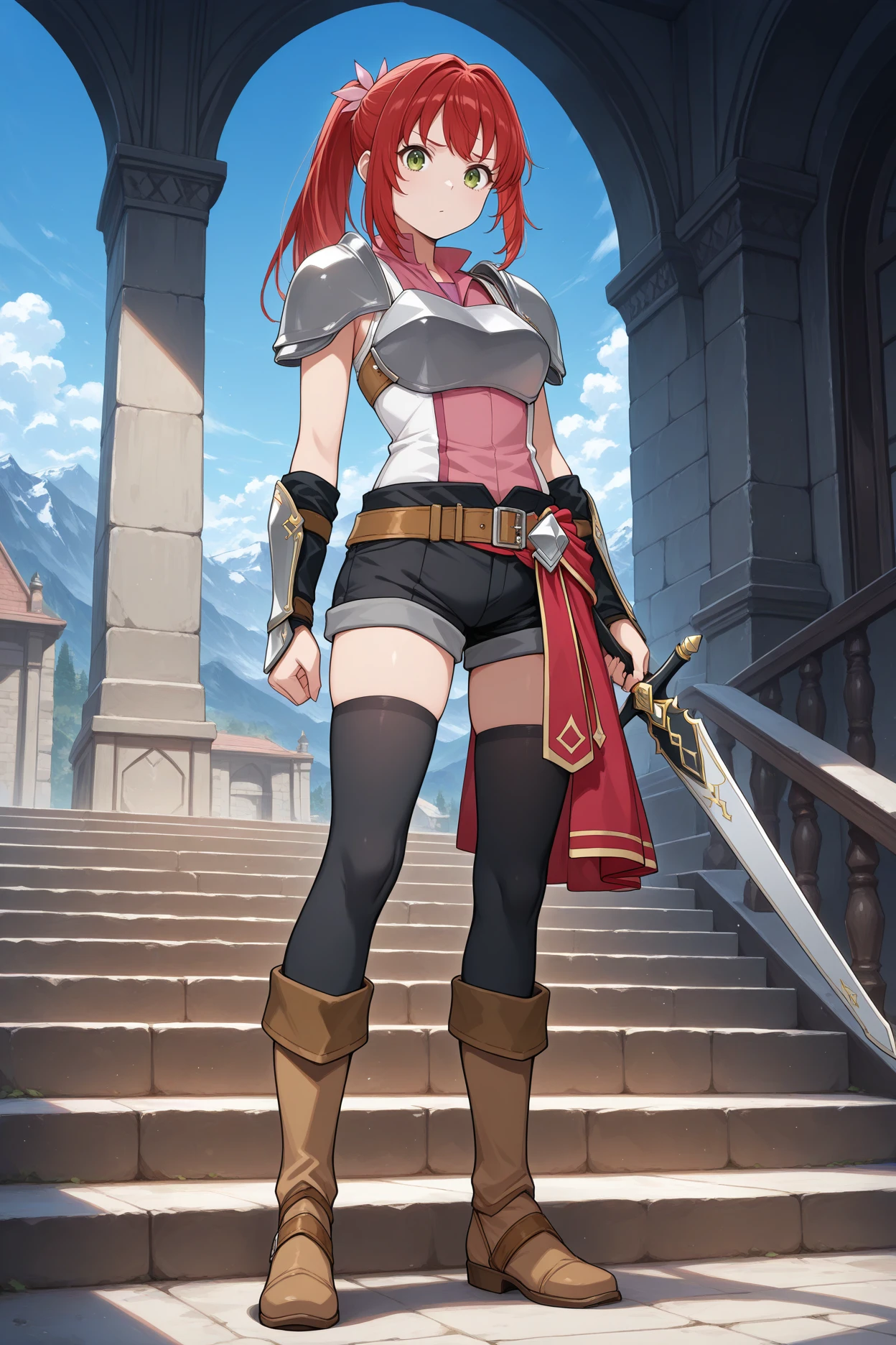 masterpiece, best quality, 1girl, solo, <lora:aliselovell-illu-nvwls-v1-000006:1> alslvl, sidelocks, ponytail, sidelocks, red hair, green eyes, armor, shoulder armor, pink shirt, sleeveless shirt, bracers, belt, black shorts, short shorts, brown belt, red waist cape, black thighhighs, brown boots, full body, standing, arm behind head, dot mouth, worried, looking at viewer, holding sword, stairs, blue sky, mountains