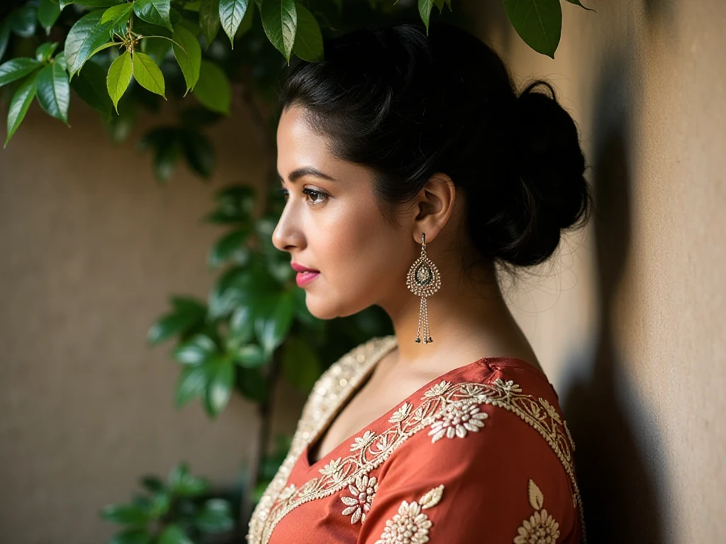 Profile portrait of riyasenukohwx , with dark hair styled in an elegant updo. She possesses dark eyes, and her expression is serene and contemplative.  She is adorned in a rust-colored, intricately embroidered sari, featuring delicate cream-colored floral and paisley patterns. The sari is semi-sheer, revealing a hint of a cream-colored undergarment.  She wears long, dangling earrings and a small bindi on her forehead. Her skin is smooth, and her posture is upright yet relaxed, suggesting confidence and poise. The background is a muted beige wall partially obscured by lush, green foliage, creating a soft and natural contrast to the vibrant sari. The lighting is soft and diffused, casting gentle shadows that emphasize her features and the textures of the fabric. The overall mood is romantic and evocative, with a hint of mystery, reminiscent of classic portrait photography with a contemporary, slightly desaturated color palette. The image is sharply focused on the woman, with a shallow depth of field blurring the background foliage.


