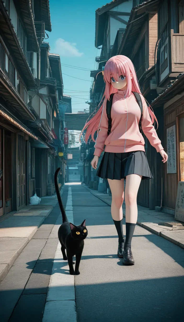 (masterpiece, best quality), best score, best anatomy, ultra deitailed, amazing quality, very aesthetic, absurdres, highres, 2024, newest, 3d, HDR, 8K, high detail RAW color art, high contrast, large pupil, eyelashes, shiny skin, 
1girl, gotoh hitori, walking with cats, many cat, black cat, japanese street,