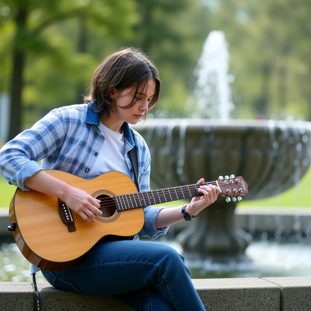 photo, cs woman with short brown hair in ch hairstyle is sitting outside on the ledge of a fountain in a park playing the guitar during a sunny day with natural lighting. she is wearing a light blue plaid shirt with rolled up sleeves to her elbows, revealing a plain white t-shirt with a blue collar underneath, as well as dark blue jeans.