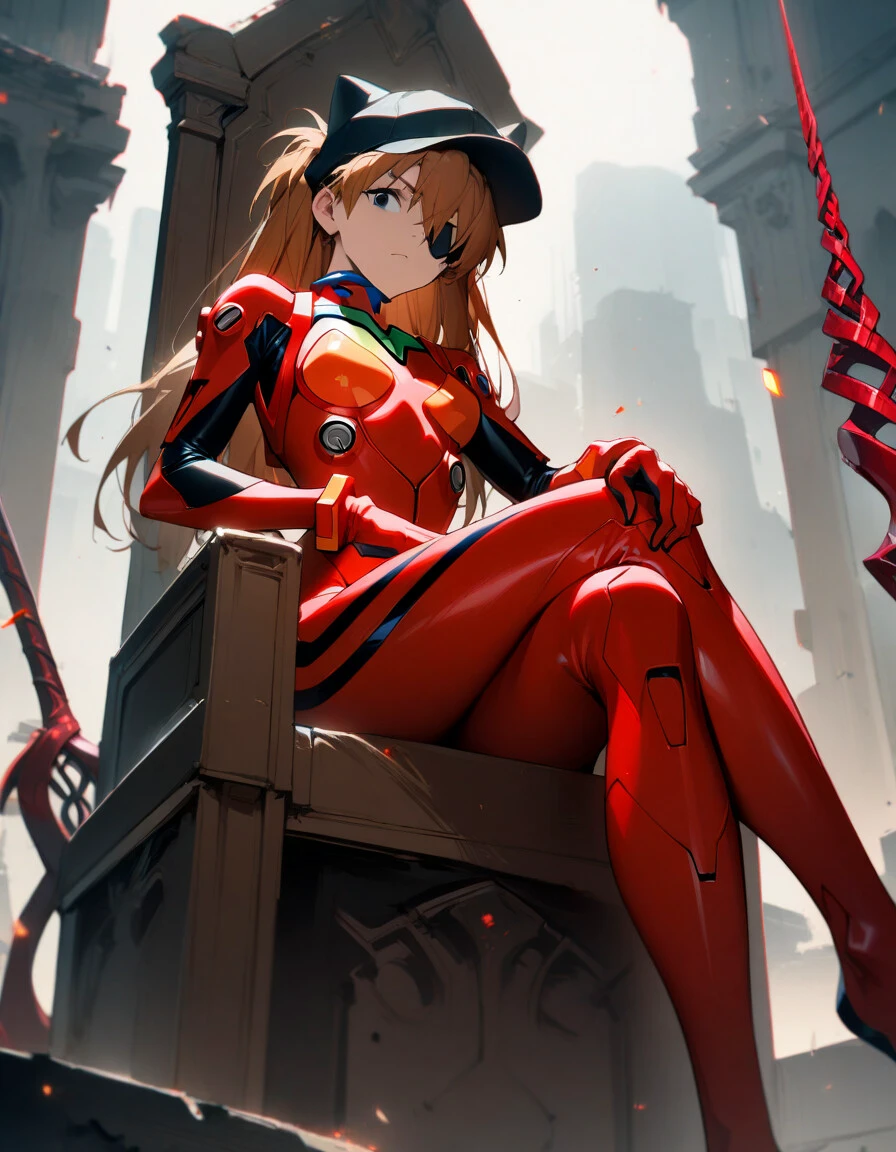 1girl, souryuu asuka langley, neon genesis evangelion, rebuild of evangelion, lance of longinus, cat hat, plugsuit, pilot suit, red bodysuit, sitting, crossed legs, black eye patch, throne, looking down, from bottom, looking at viewer, outdoors, masterpiece, best quality, very aesthetic, absurdres