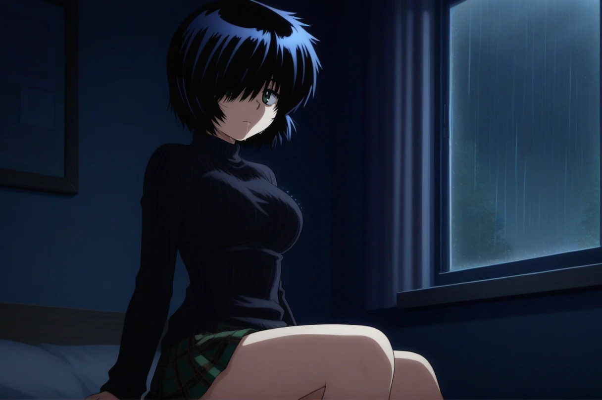 UrabeMikoto, 1girl, black turtleneck sweater, green plaid skirt, masterpiece, best quality, hair over one eye, saliva <lora:UrabeMikoto-4-4-e5-prodigy-illustrious:0.8>, (dark:1.3), rain, window, expressionless, bedroom, masterpiece, best quality, high resolution, 8k, green eyes, sitting, pantie shot