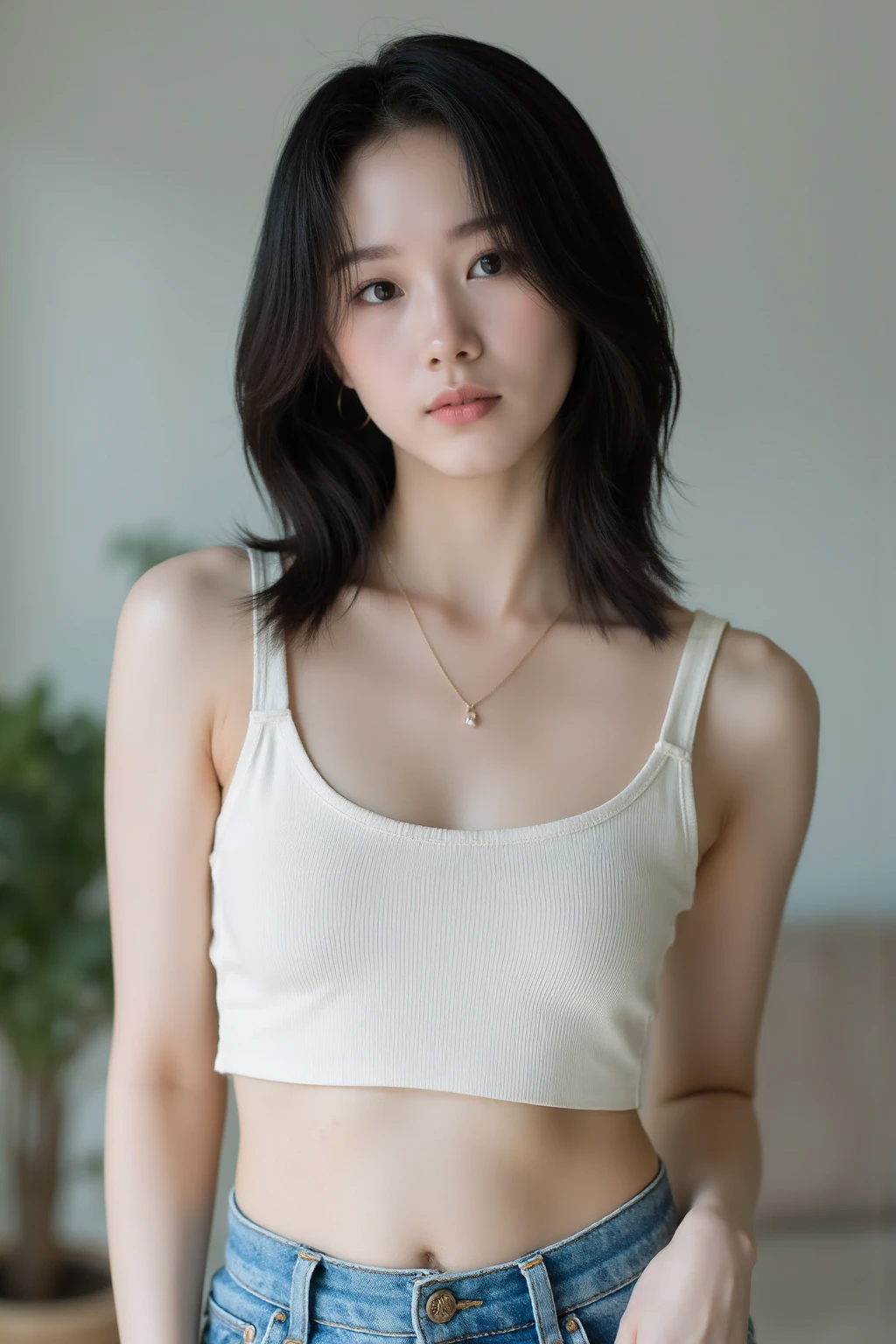 (2 Japanese girl,), (Small breasts:1.5,),(solo,Textured skin, Detailed skin,Detailed face,Detailed eyes,detailed posing,Natural eyebrows,Perfect limbs,High detail, Highest quality, Super detailed, Surrealism, ,8k,RAW Photos,Photographicism,Professional Lighting,Portrait Photography,),((Black Hair, Dark Eyes,Natural Makeup,Simple earrings,Bob Hair,happiness/joy)),(((White tank top,White flared skirt,Wearing a flower crown)))