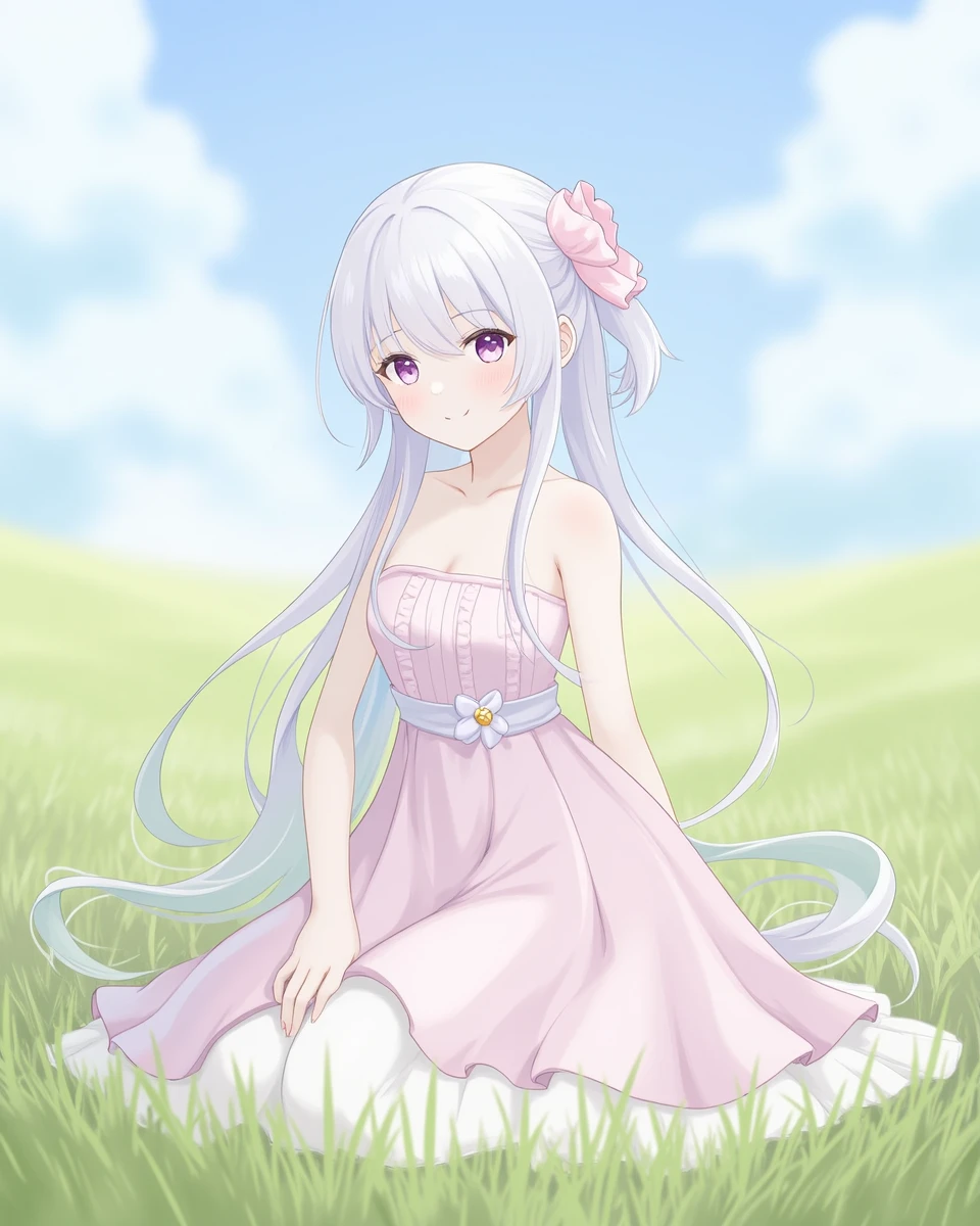 an anime girl,best quality,8K wallpaper,full body,sitting on grassland,dress