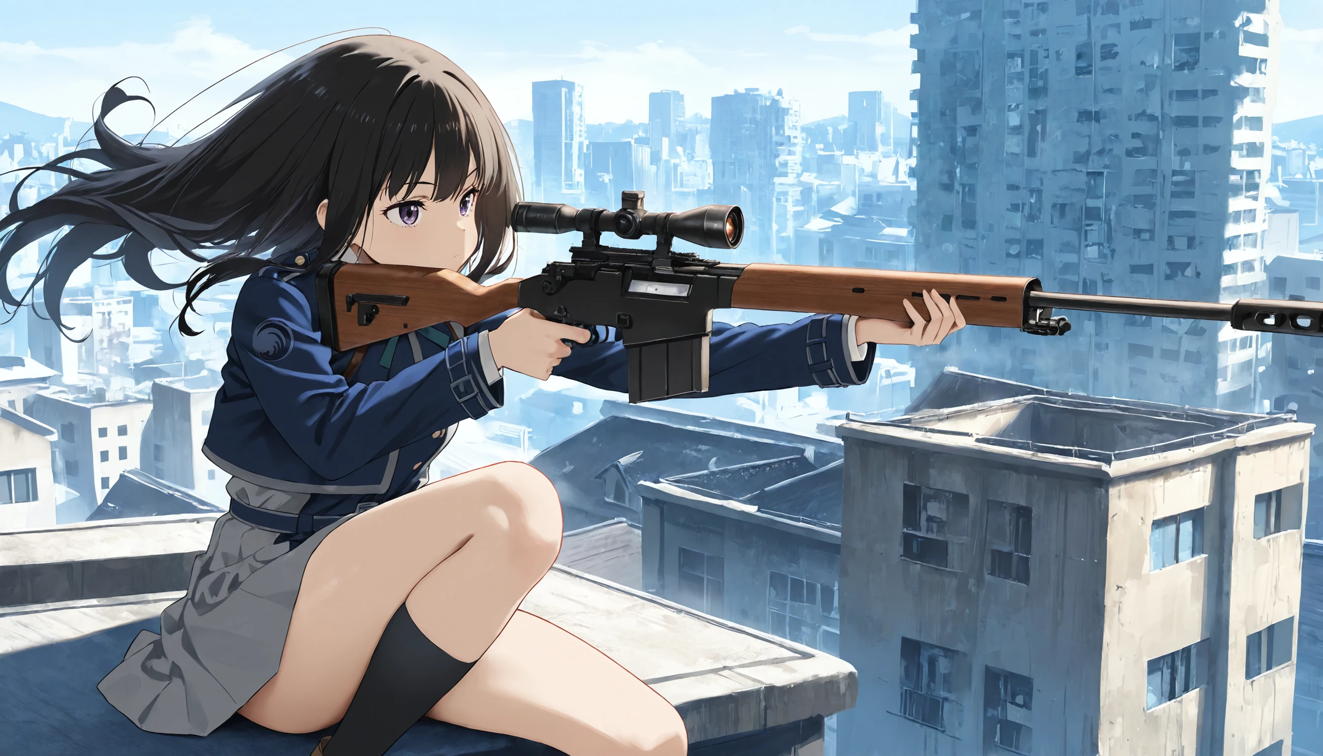 1girl,inoue takina ,lycoris recoil, aiming with sniper rifle, on the roof of building, floating hair,, masterpiece, best quality, amazing quality, detailed background, intricate details