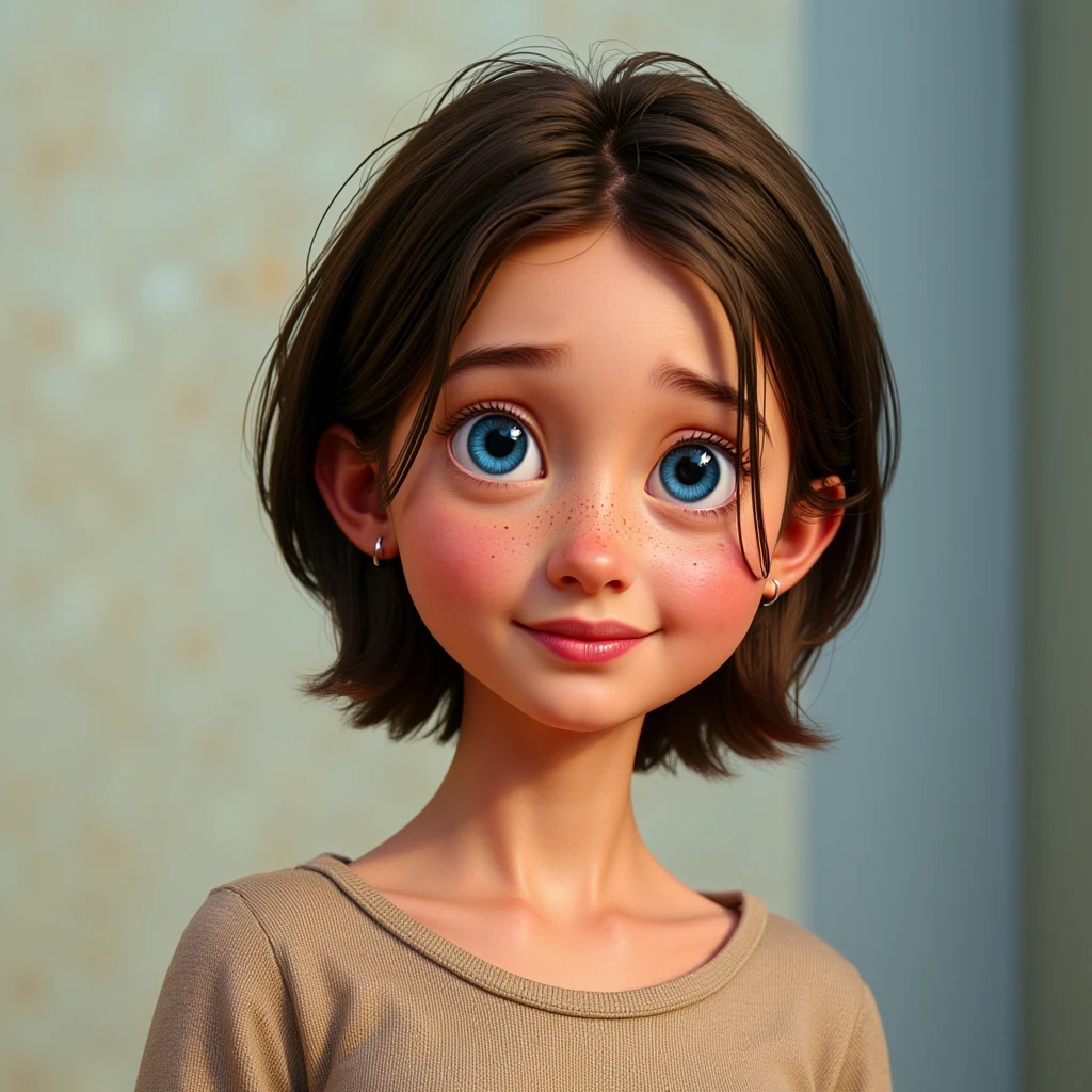 disney pixar 3d cartoon picturing cs woman with blue eyes and short brown hair in ch hairstyle