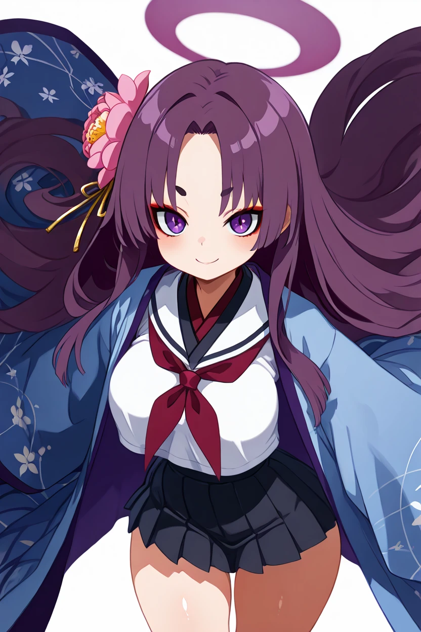 masterpiece, best quality, solo, curvy, beautiful eyes,zzYukari, long hair, purple hair, halo, purple halo, hair ornament, hair flower, purple eyes, eyeshadow, red eyeshadow, haori, pink flower, red neckerchief, serafuku, makeup, pleated skirt, white sailor collar, long sleeves, wide sleeves, blue skirt, black skirt ,<lora:YukariBluearchiveIXL:1.0>,from above, dynamic pose, cowboy shot, smile, looking at viewer, shiny skin,<lora:HaradaTakehitoIXL_v3:1.3>, <lora:ZankuroIXLLight_v2:0.6>,