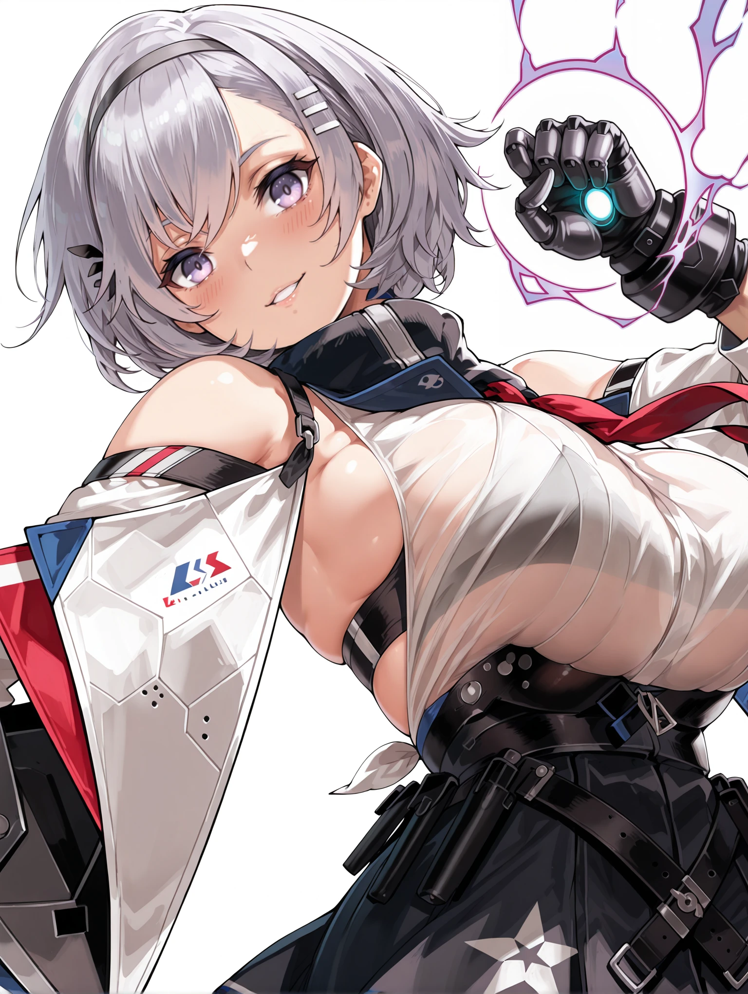 masterpiece,best quality,amazing quality,
solo,1girl,
<lora:Reno_ilxl_v1.4:1>,reno,grey hair,purple eyes,hairband,hairclip,hair ornament,r_clothes,gauntlet,red tie,bare shoulders,black bra,detached sleeves,black skirt,thigh strap,skindentation,
purple electricity,magic,fist,clenched fist,<lora:Fixhands_anime_bdsqlsz_V1:1>,dynamic_angle,cinematic_angle,looking_at_viewer,standing,posing,simple_background,white_background,upper_body,face_focus,light_blush,parted lips,grin,