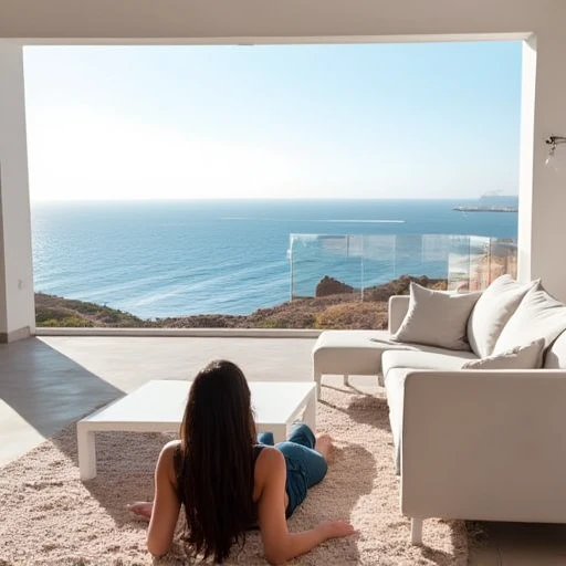 ((Beautiful clouds over the hill overlooking the Parthenon in Greece))、Designer lighting in front、There is a sofa and a coffee cup on the table、There is a waterfall nearby、Sunset and sea in the distance,(High-quality poolside flooring),There is a wall-mounted TV、Screen 70%The sea,4K,Ultra HD,Extravagant space,Ambient indirect lighting,Palm tree,rich,rich,VIP,VIP、There is a Monstera potted plant in the foreground.、((Woman watching the sunset))