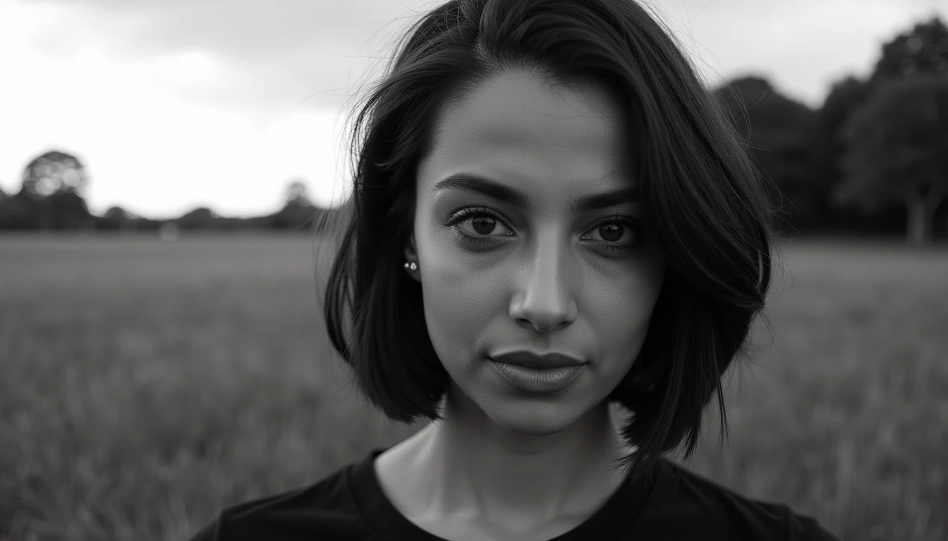 Close-up black and white portrait of meencohwx. She has shoulder-length, slightly tousled brown hair that frames her face, and soft, expressive eyes that look directly at the viewer with a contemplative expression.  Her lips are closed, appearing serious or thoughtful.  She is wearing a simple, dark-colored, likely casual, shirt. Subtle definition of her facial features and soft shadows accentuate her delicate cheekbones and nose.  The background is a soft, out-of-focus field of grass and trees, with a hint of a bright sun or light source visible in the background.  The overall impression is one of quiet contemplation.  Natural lighting evokes a slightly moody or introspective atmosphere.  The image evokes a sense of quiet contemplation and focuses on the subject's interiority. Composition is a close-up portrait perspective and the lighting creates a chiaroscuro effect.  Soft, diffused light highlights her face, bringing out nuances in her texture. Medium-close-up view.  Style leans towards portrait photography with a cinematic feel.