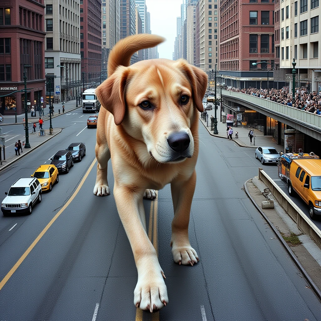 photo from above, giant-sized dog in a city street.