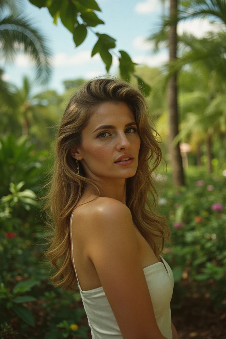 (photo of a woman), editorial photoshoot, close up, in a floral garden, shot on film camera, kodak colors, close up, elegant pose, perfect lighting, beautiful sky showing through the leaves, she is wearing a plain summer dress, beautiful smile, 90mm lens, extremely detailed, in an exotic forest location