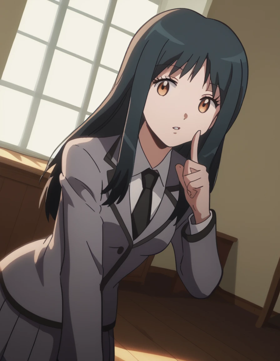 score_9, score_8_up, score_7_up, source_anime, <lora:yukiko-kanzaki-s1s2-ponyxl-lora-nochekaiser:1>, yukiko kanzaki, long hair, bangs, black hair, brown eyes, medium breasts, anime screencap,, blazer, grey blazer, skirt, school uniform, pleated skirt, necktie, grey skirt, black necktie, white shirt, collared shirt, long sleeves,, river, flowing, fish, banks, current, , <lora:finger-to-cheek-ponyxl-lora-nochekaiser:1>, finger to cheek, index finger raised, pointing at self, bedroom, parted lips, leaning forward, bent over, cowboy shot, dutch angle,, looking at viewer, solo,, dutch angle, cowboy shot