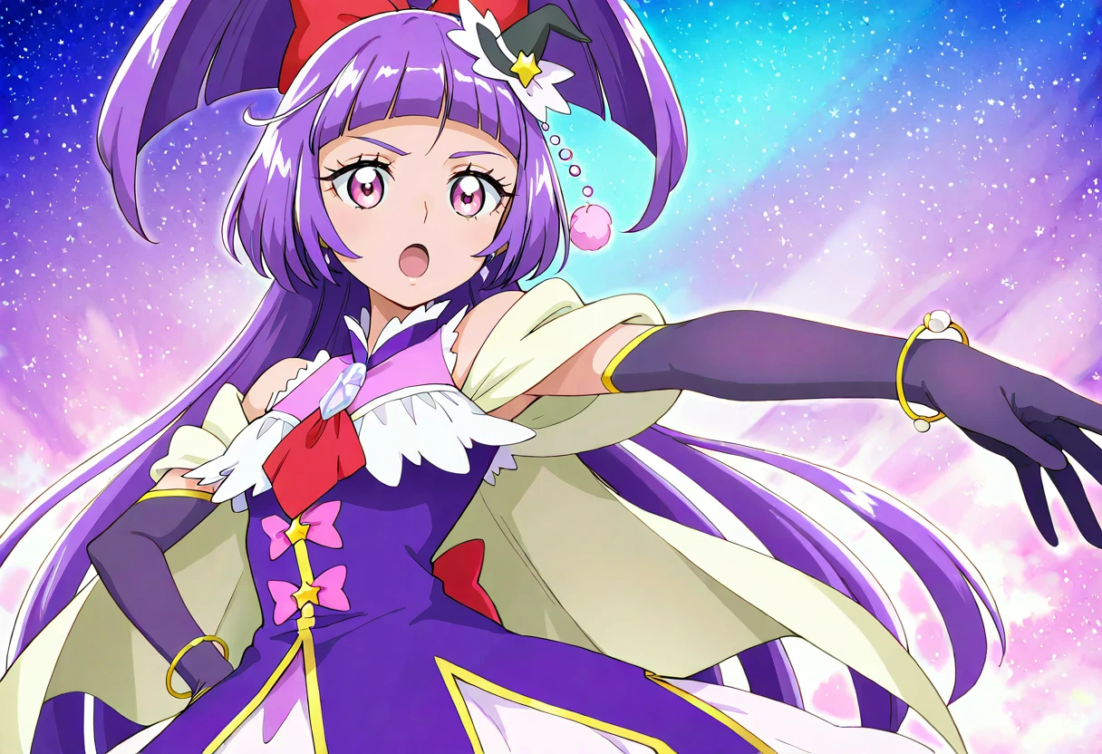 masterpiece, best quality, absurdres, very aesthetic, general,
cure magical, cure magical \(diamond style\), crmgcldiamond, 1girl, solo, purple hair, witch hat, elbow gloves, purple eyes, black gloves, looking at viewer, bracelet, open mouth, purple skirt, earrings, floating hair, shiny hair, pink eyes, blunt bangs, purple dress, standing, cowboy shot, hand on hip, red bow, very long hair, :o, blue background, mini witch hat, brooch, pink bow, black headwear, red neckwear, bare shoulders, outstretched arm, purple background, eyelashes, capelet, white cape, hair ornament, anime coloring, ribbon, eyebrows visible through hair, purple gloves, side ponytail, purple theme, star \(sky\), frills, half updo, bangle, white skirt, shirt, serious, multicolored background, :d, white capelet, gem, hand on own hip, starry sky, sleeveless dress, upper body, red bowtie, tilted headwear, star hair ornament, star hat ornament, star ornament
<lora:cure_magical_izayoi_liko_illustXL_locon_v1:0.7>