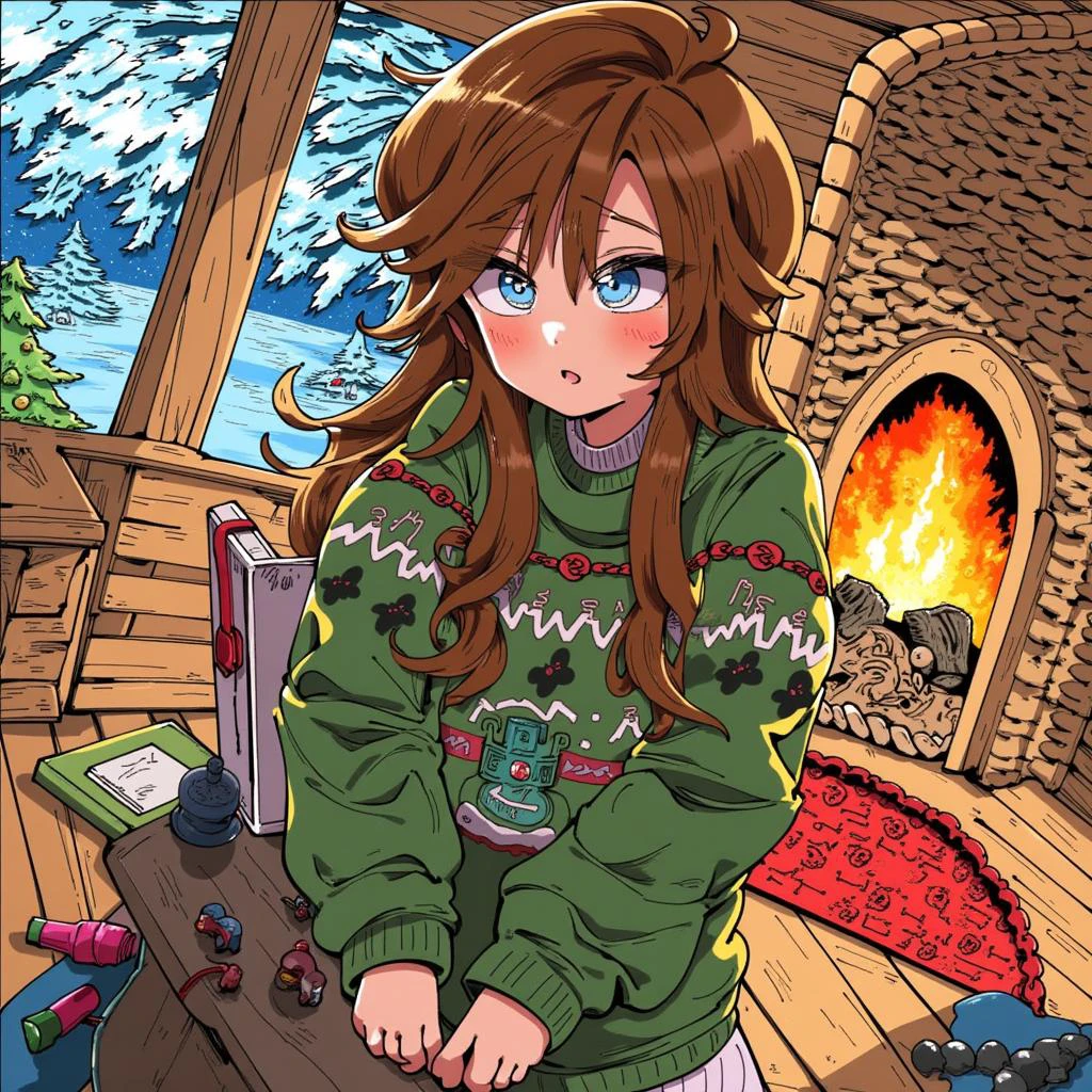 かふん \(芸術家\), @kafun, kafun \(Artist\), 1girl, solo, (((portrait shot))), looking at viewer, blue eyes, long brown hair, Christmas sweater, background: indoors, winter log cabin with a burning fire place, Christmas tree