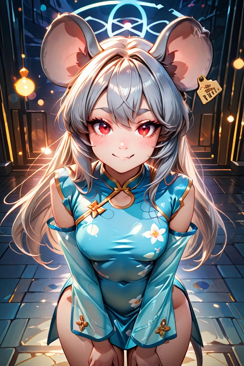 masterpiece, best quality, solo, curvy, beautiful eyes, zzSaya, animal ears, mouse ears, long hair, red eyes, grey hair, halo, mouse tail, mouse girl, tail, fang, china dress, ear tag, solo, blue dress, detached sleeves, mouse, bow  ,<lora:SayaBluearchiveIXL:1.0>, , cowboy shot, leaning forward, smile, looking at viewer, shiny skin,<lora:RealisticAnimeIXL_v2:1.0>, shiny skin, bokeh, luminescent background,