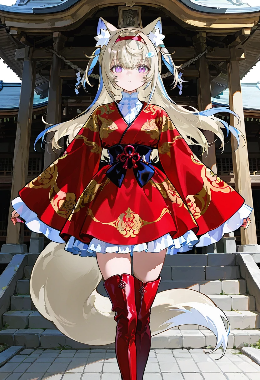 1girl,solo,looking at viewer,ikeda ruriko,silk red dress, wide sleeves, thigh boots, fuwawa_abyssgard,shrine,