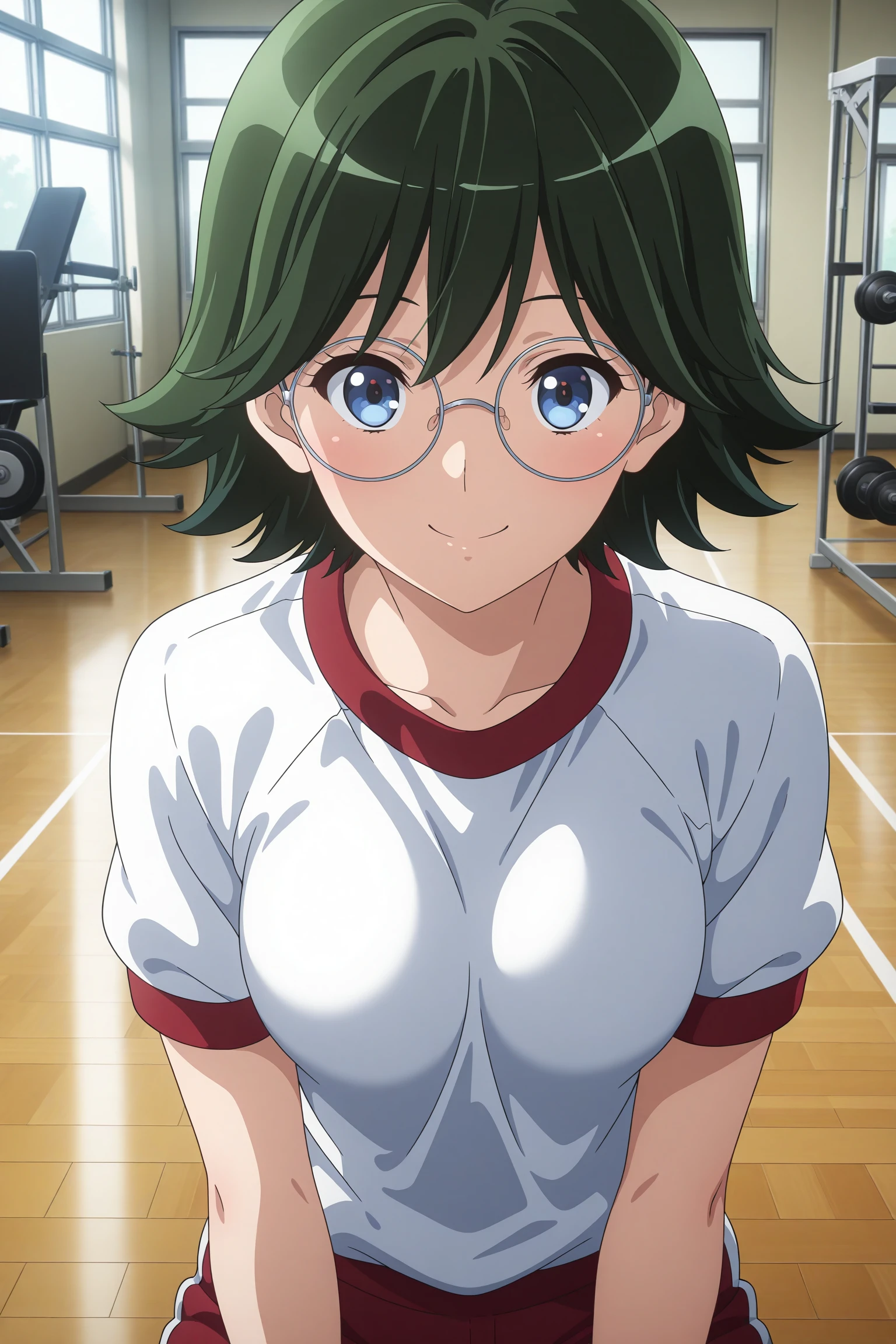 masterpiece, best quality, amazing quality, highres, absurdres, very aesthetic, high resolution, ultra detailed, perfect details, 1girl, solo, indoors, gym, medium breasts, kamaya tsubame, short hair, green hair, wispy bangs, blue eyes, round eyewear, gym uniform, white shirt, red shorts, white kneehighs, <lora:Tsubame_Kamaya_ILXL:0.8>, (aged up:1.2), (upper body:1.1), looking at viewer, smile, anime coloring, anime screencap