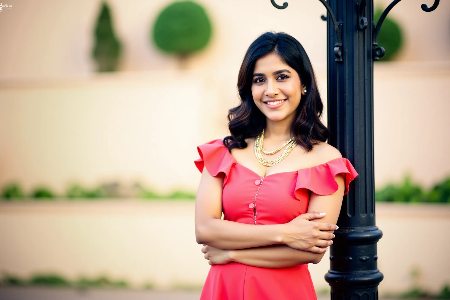 nabhanateshukohwx is posing outdoors, wearing a vibrant, coral-pink off-the-shoulder dress with ruffled details at the shoulder. The dress has a simple, fitted bodice with small, buttoned placket. She displays a pleasing expression, with a soft, natural smile. Her medium-length dark brown hair is styled in loose waves, cascading down her shoulders.  She wears multiple delicate gold necklaces.  The woman stands poised, arms folded across her midriff, creating a relaxed but elegant pose. The background features a slightly out-of-focus garden or park area, with muted colors like light beige and muted pinks, adding depth to the scene. A dark, wrought-iron pillar stands behind her, providing a clear division from the background. Natural, soft, diffused light highlights her features and gives the image a flattering, warm glow.  The overall aesthetic is contemporary, with a slight touch of elegance. Soft lighting and shallow depth of field accentuates the subject, creating a portrait-style atmosphere and a pleasant warmth and calmness.  Photographic style.
