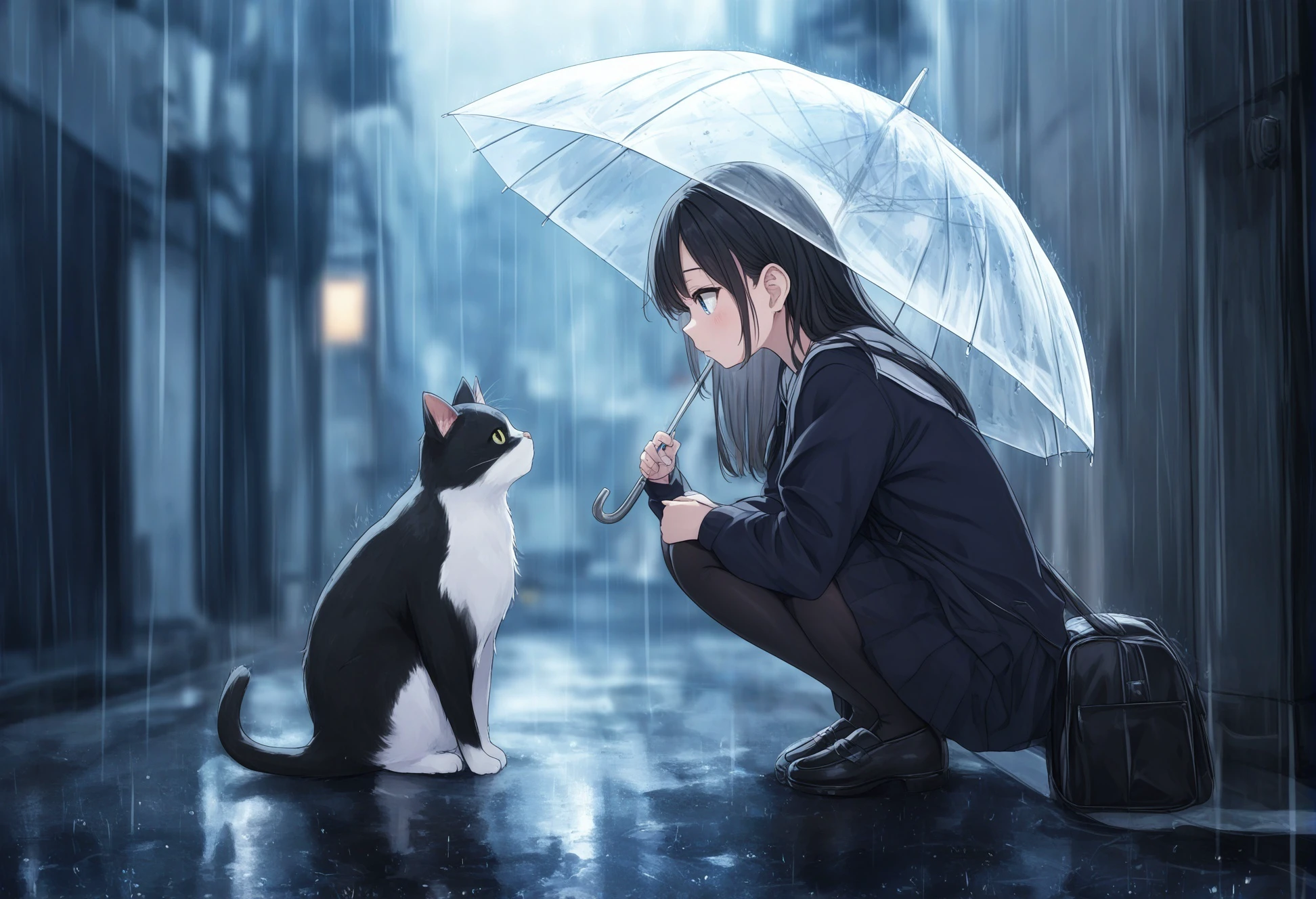 1girl, original, solo, rain, holding transparent umbrella, squatting, looking at animal, cat, blurry background, from side