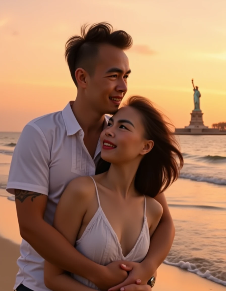 there is a man and woman sitting on a bench together, jordan grimmer and natasha tan, vacation photo, smooth in _ the background, lovely couple, profile pic, with palm trees in the back, commissioned, with a tree in the background, coloured photo, taken in 2 0 2 0, in spain, with mountains in the background, wearing a red sundress