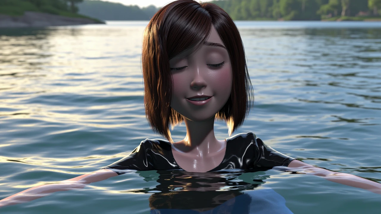 3d render in ti artstyle, a wet 25 year old woman with a wet messy bobcut hairstyle floating inside a lake in a forest during a sunny midday in summer. she is dressed in wet drenched t-shirt and jeans with a light smile and closed eyes.