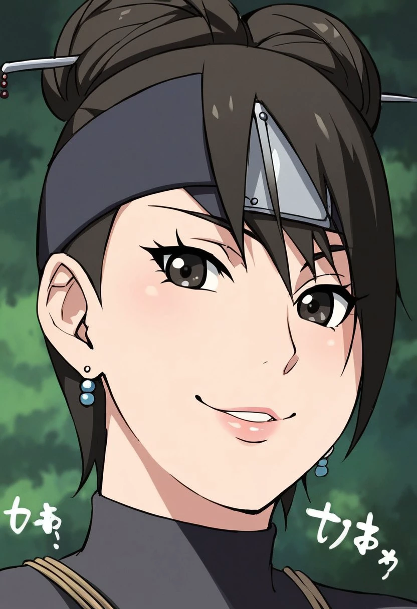 KoharuUtataneNS, 1girl, solo, beautiful kunoichi, dark eyes, black hair, short hair, hair is pulled back, twin bun, hairpin with two pearls dangling, hair ornament, forehead protector, earrings,  large breast, lips,  shinobi outfit, simple black outfit, breastplate, arm guards, fishnet tights, skirt, pouch strapped to her back, bandages, sandals, jewelry, konohagakure symbol on protector, sash, long sleeves,
seductive pose, sexy pose, tease,  in the spotlight,,
smile,,,
score_9, score_8_up, score_7_up, beautiful aesthetic, very intricate, high quality details,vibrant, highly detailed, award-winning, professional,anime artwork, anime style, studio anime, athletic, curvy body, athletic girl, perky tits,large breast,perfect tits, round breasts, nipple outline,looking at viewer, pinup pose,teasing, dynamic lighting, cinematic, smug, better than you, aura of temptation, highly detailed, high resolution, masterpiece, detailed clother, detailed background, highly detailed, ((sound effects)) comic layout,