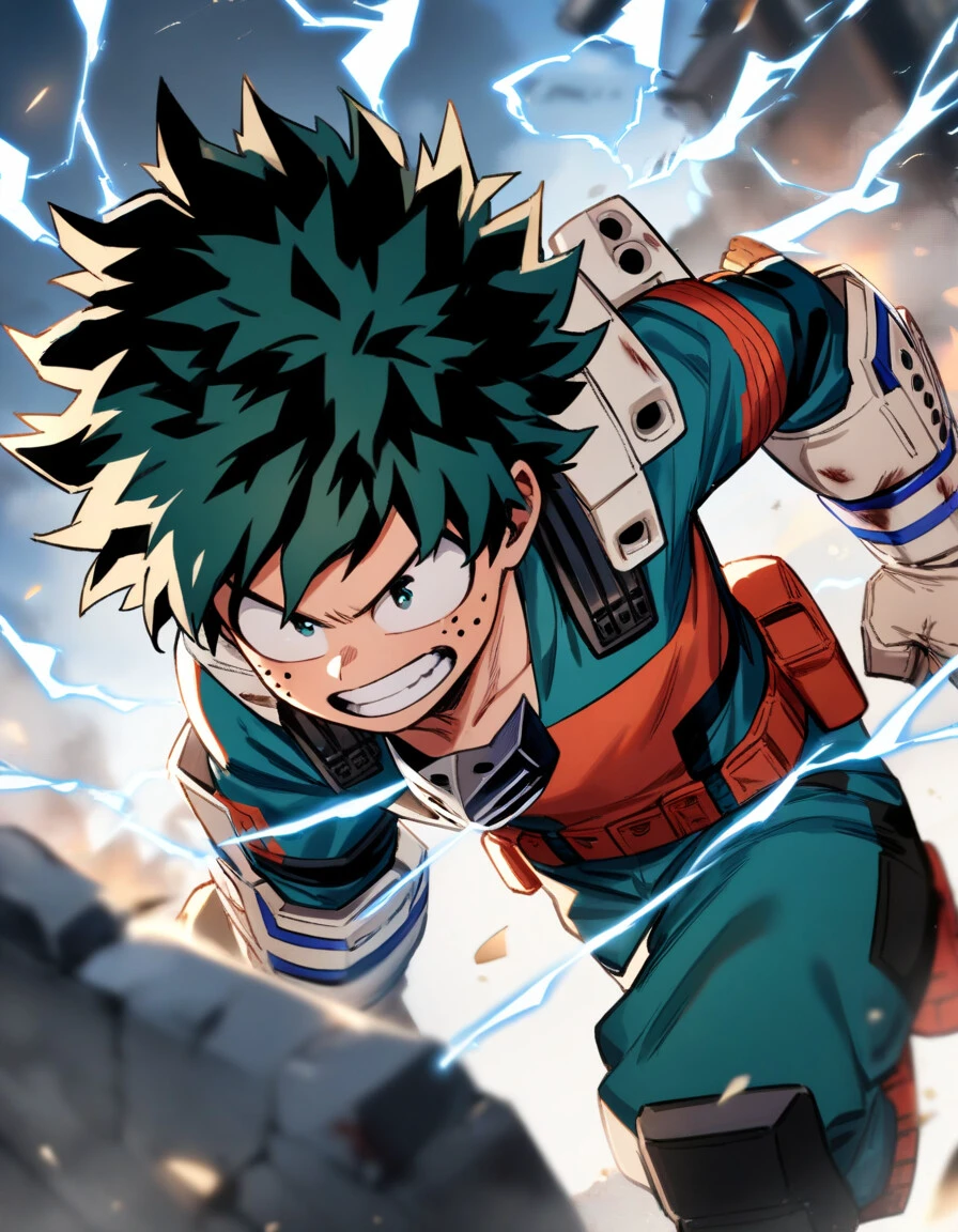 1boy, male focus, midoriya izuku, boku no hero academia, injury, electricity,, masterpiece, best quality, very aesthetic, absurdres