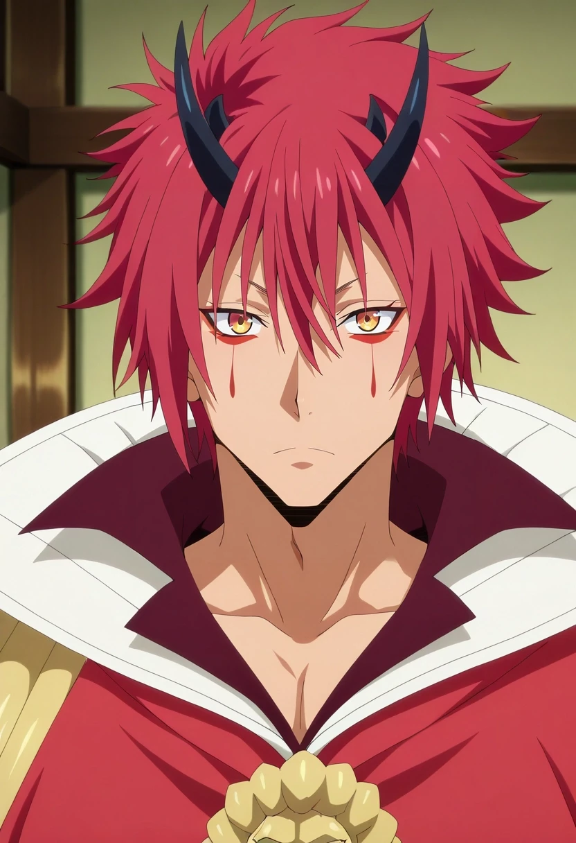 masterpiece, best quality, intricate details, anime screencap, anime coloring, official style, looking at viewer, , 1boy, solo, male focus, <lora:benimaru_tensura_ilxl:0.94>, benimaru_tensura, red hair, yellow eyes, hair between eyes, horns, oni horns, facial mark, ,