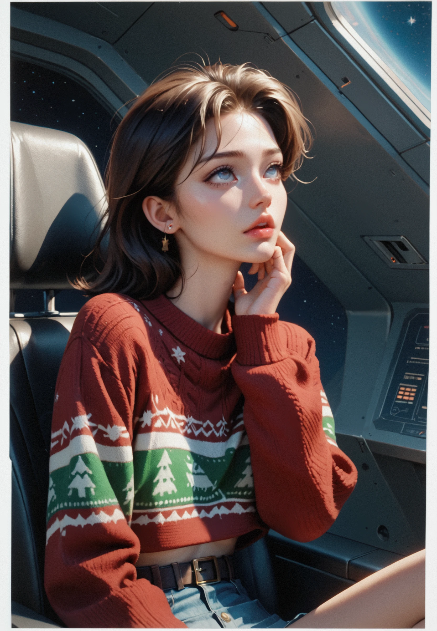 (score_9, score_8_up, score_7_up), 1girl, high_resolution, BREAK, ((petite, skinny, tall, slender)), retro-futurism, comic, manga, cowboy shot, stars, dynamic pose, flat colors, sitting in cockpit, futuristic spaceship, space, (hyperspace), looking up, (hand up on glass), christmas sweater,