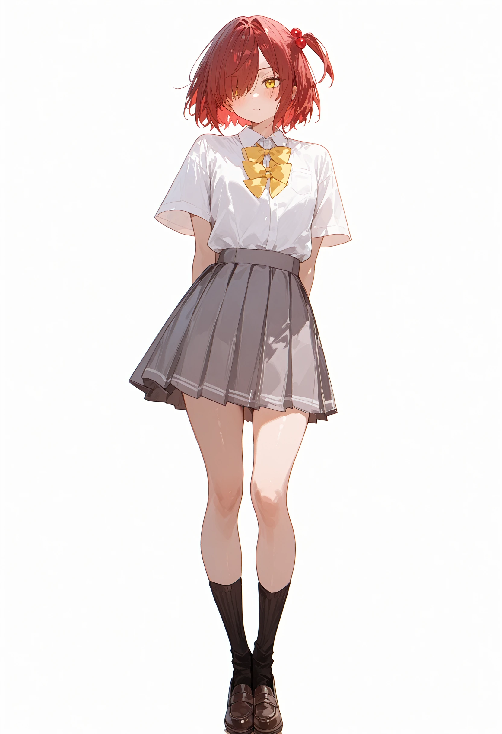 perfect quality,high quality,masterpiece,absolutely eye-catching,ambient occlusion,raytracing,nfront view,full_shot,
1girl,yellow eyes,short hair,red hair,brown hair,bangs,side ponytail,one side up,hair over one eye,hair bobbles,school uniform,white shirt,collared shirt,yellow bow,red bow,skirt,shoes,grey skirt,socks,pleated skirt,short sleeves,black socks,komarichika cyql,
full body,standing,shaka sign,
floralwhite background,simple background,
<lora:Komari Chika_Illustrious by Cyql:0.8>,<lora:ponyv4_noob1_2_adamW:0.7>,<lora:spo_sdxl_10ep_4k-data_lora_webui:0.6>,<lora:USNR STYLE_XL_loha:0.45>,<lora:illustrious_all_rated_v1:0.7>,<lora:96YOTTEA-WAI:0.8>,