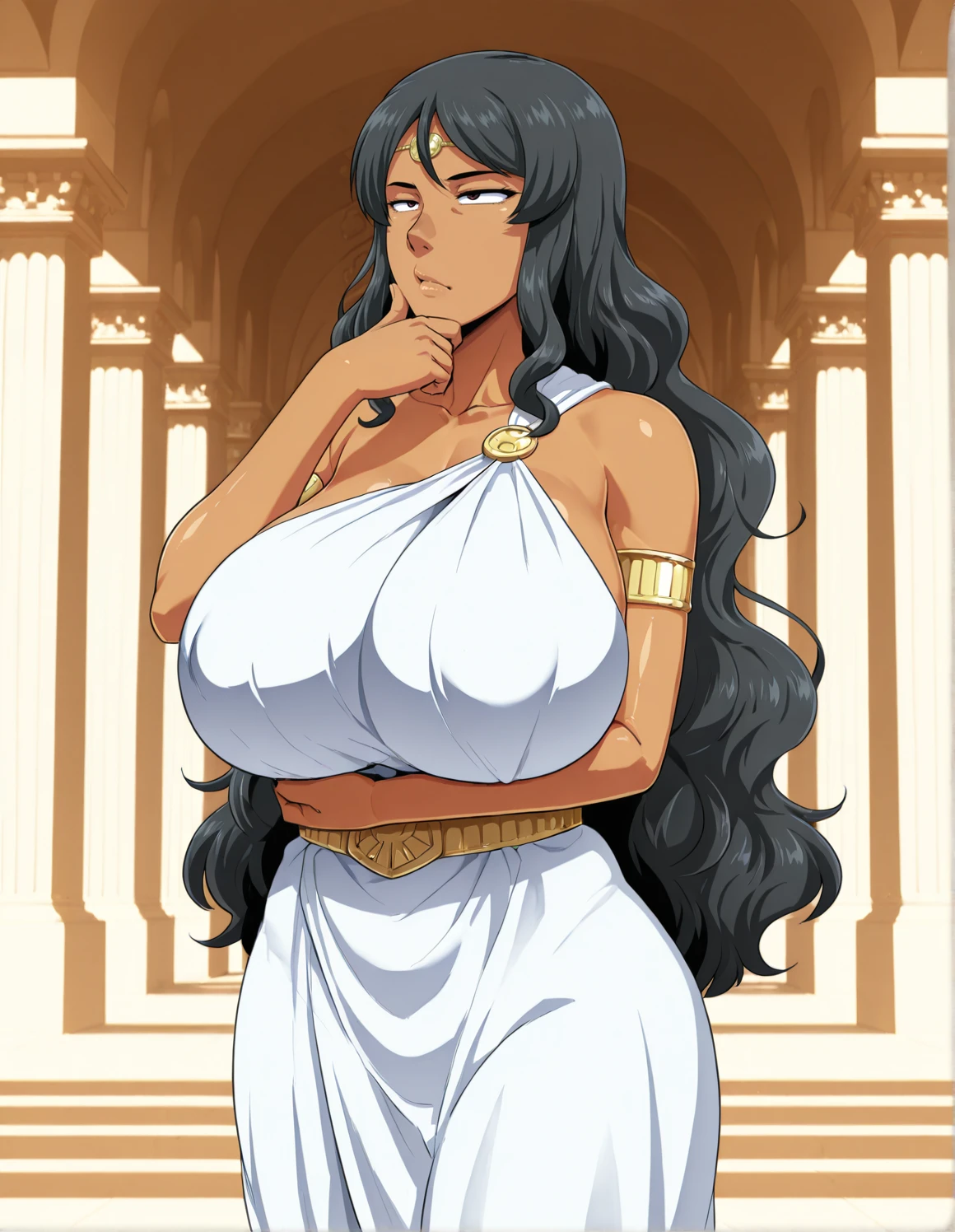 Taitara, solo, (stola), parthenon in background,
1girl, mature female, greek, ancient greece, tan skin, curly hair, very long hair, black hair, thinking, scratching chin, deep in thought, huge breasts, 
<lora:Amazon_IL:0.8>