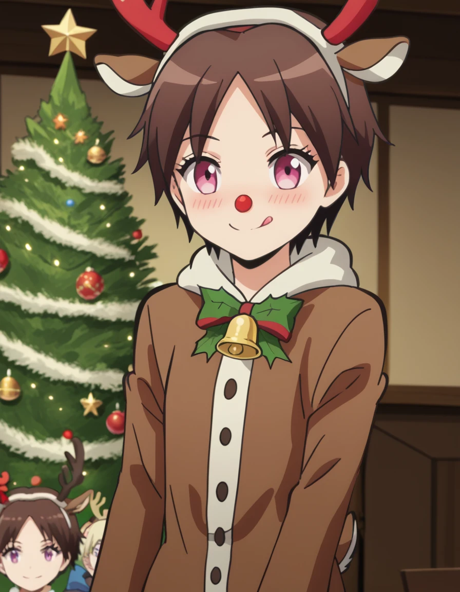 score_9, score_8_up, score_7_up, source_anime, <lora:hinata-okano-s1s2-ponyxl-lora-nochekaiser:1>, hinata okano, short hair, brown hair, pink eyes, anime screencap,, <lora:reindeer-costume-ponyxl-lora-nochekaiser:1>, reindeer costume, animal costume, reindeer antlers, antlers, fake antlers, reindeer hood, christmas, red nose, deer ears, deer tail, christmas tree, bell, horns, reindeer,, blush, smile, tongue out, looking at viewer,, , dutch angle, cowboy shot