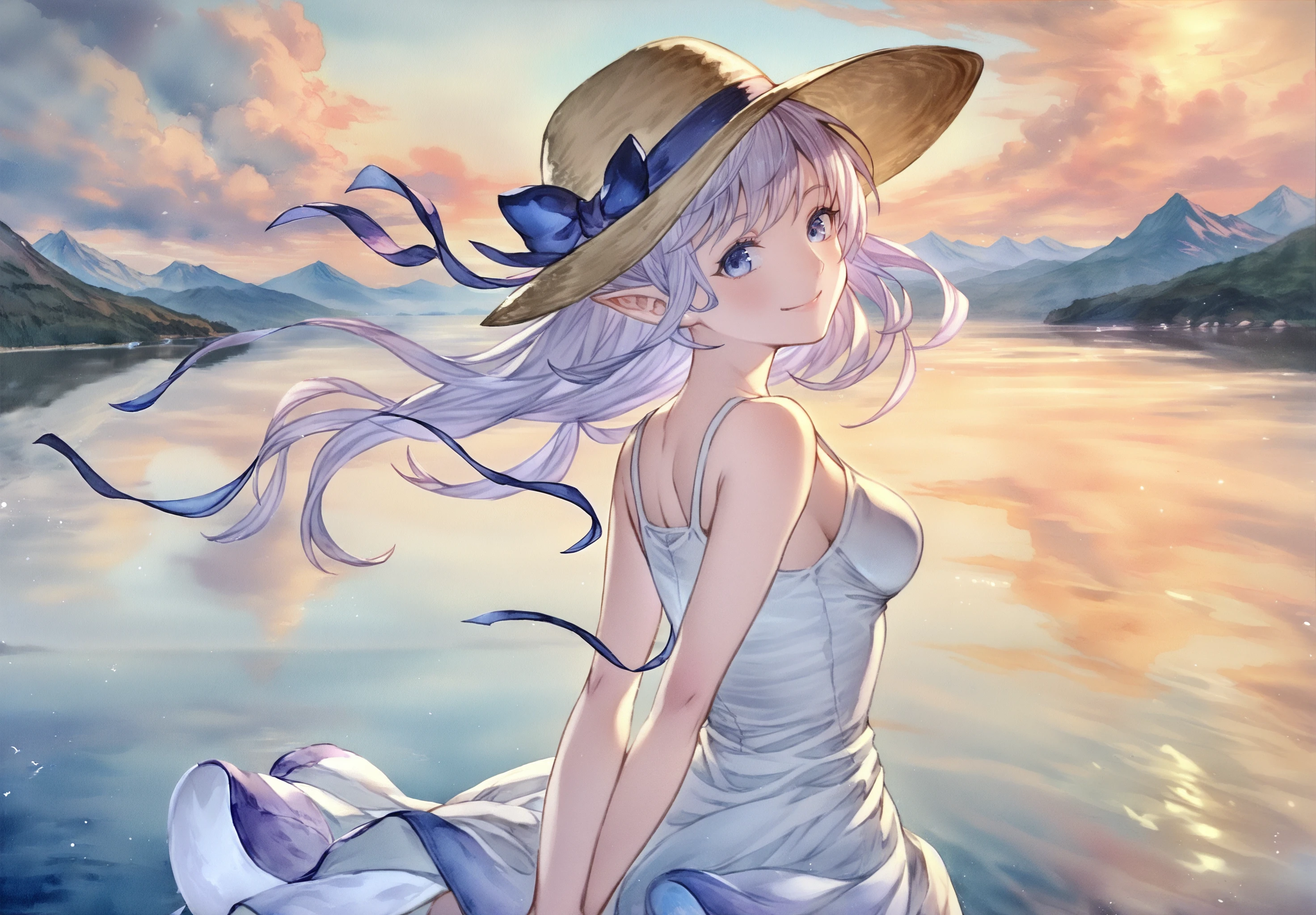 highres,absurdres,masterpiece,best quality,<lora:Granblue Fantasy XLV2:1>,watercolor \(medium\),1girl,from behind,leaning forward,upper body,arms behind back,looking back,smile,pointy ears,light purple hair,blue eyes,wind,sundress,medium breasts,hat,ribbon,lake,mountainous horizon,reflective water,cloudy sky,