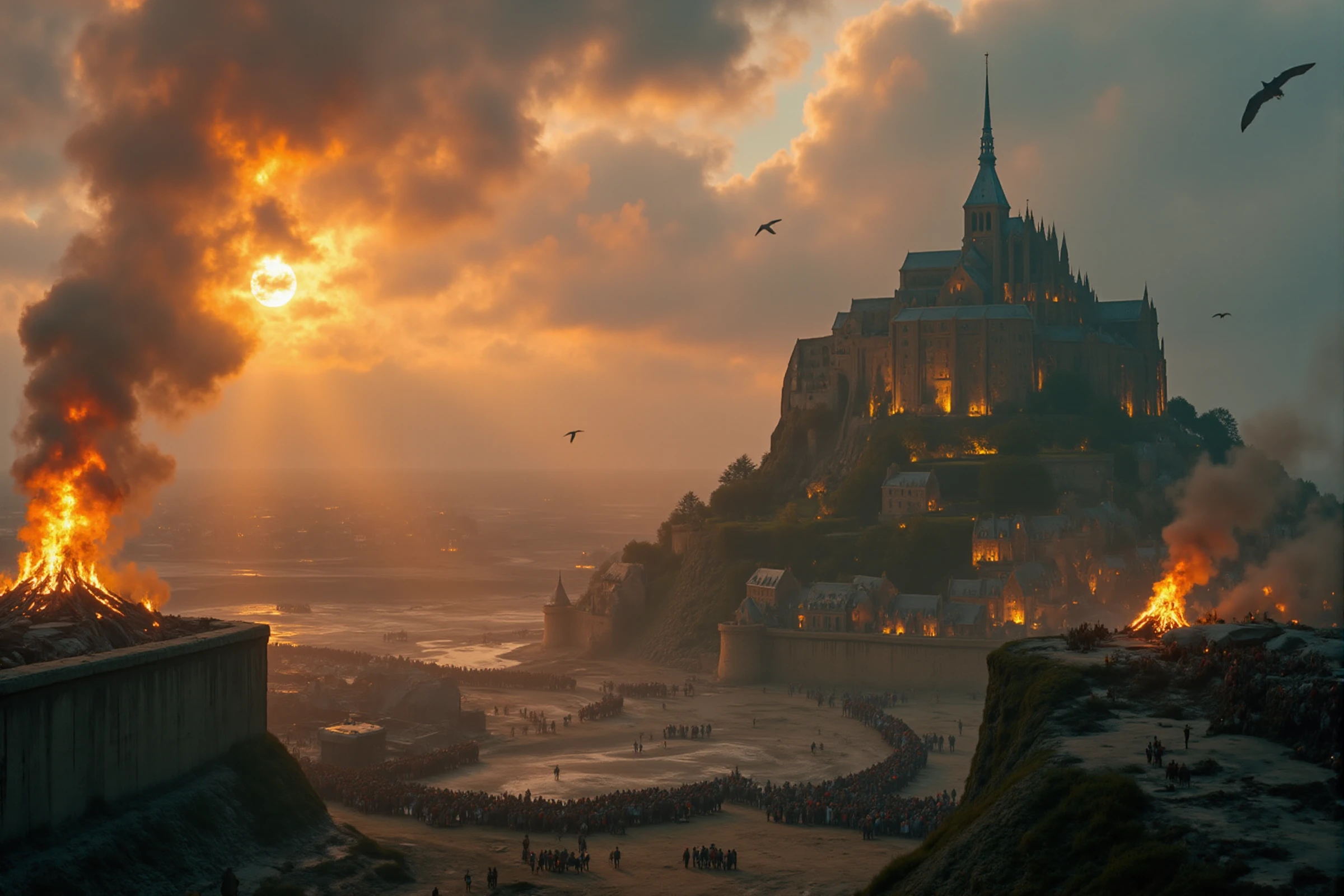 <lora:Mont Saint Michel:0.9> mont saint michel island. medieval siege scenery, war, catapult, dragons flying and spitting flames