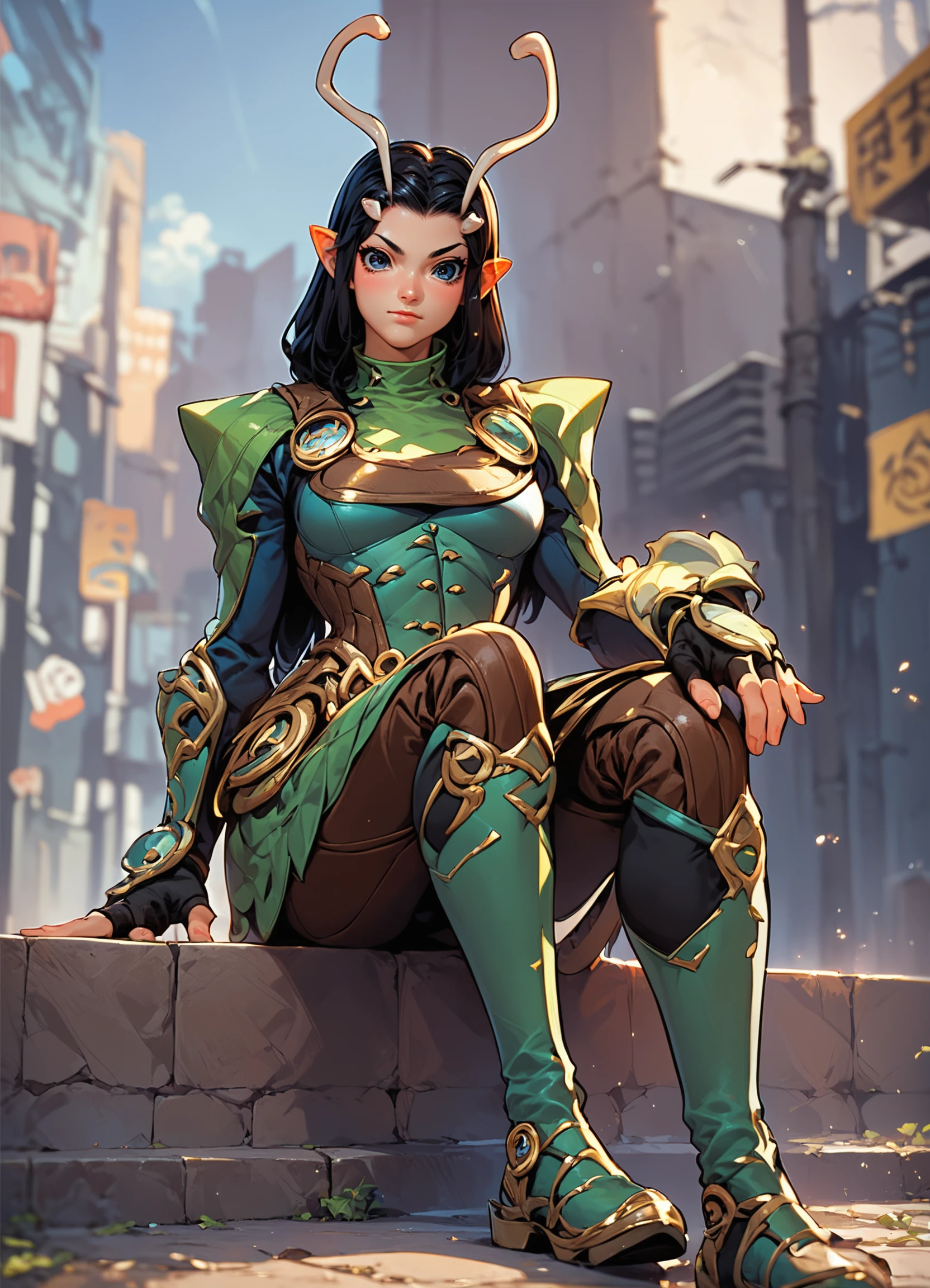 score_9, score_8_up, score_7_up,  BREAK source_anime, ,city street, sitting on sidewalk..,black hair, antennae, m4nt1s, 1girl, solo, pointy ears, gloves, fingerless gloves, long hair, looking at viewer, armor, boots,,