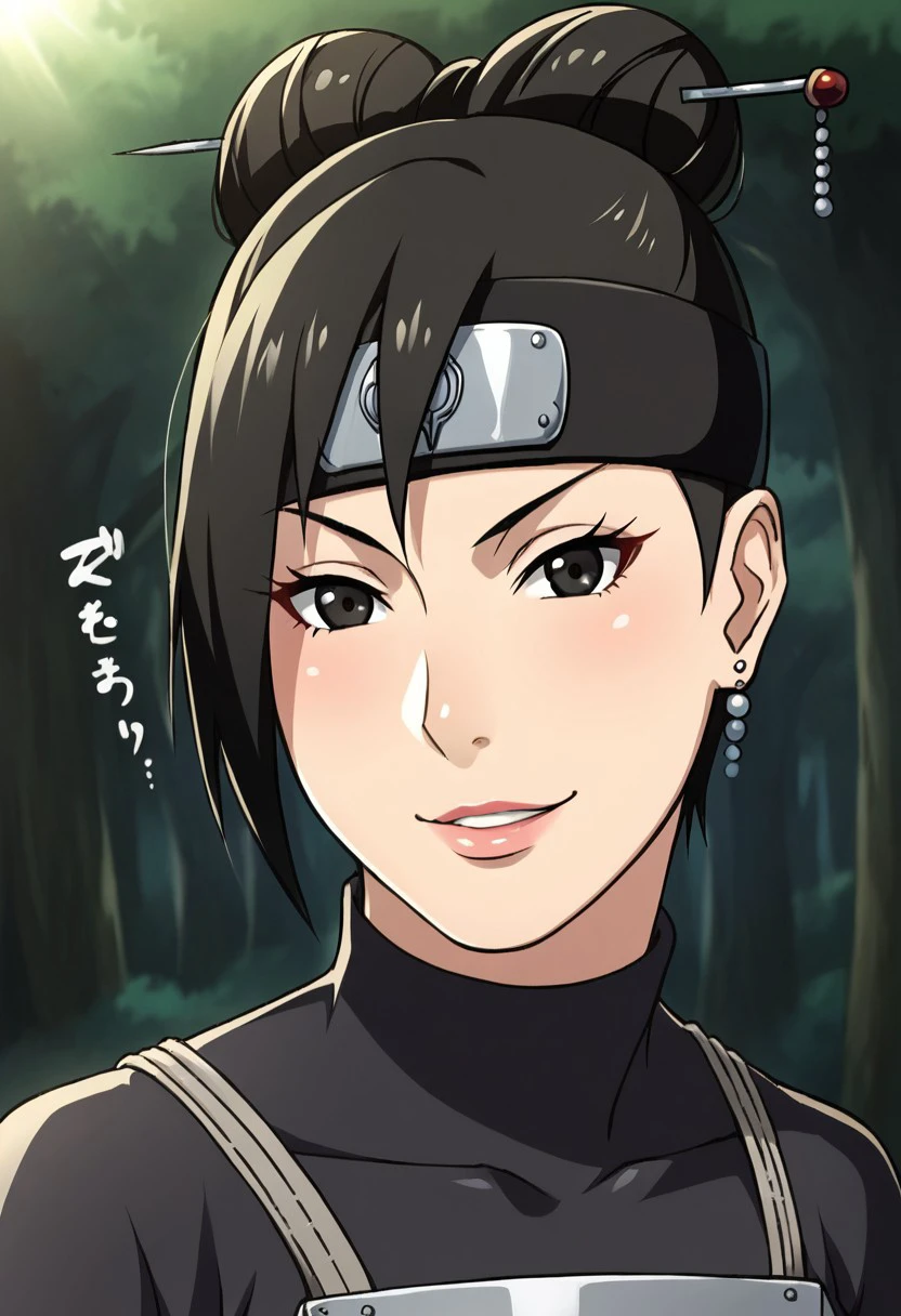 KoharuUtataneNS, 1girl, solo, beautiful kunoichi, dark eyes, black hair, short hair, hair is pulled back, twin bun, hairpin with two pearls dangling, hair ornament, forehead protector, earrings,  large breast, lips,  shinobi outfit, simple black outfit, breastplate, arm guards, fishnet tights, skirt, pouch strapped to her back, bandages, sandals, jewelry, konohagakure symbol on protector, sash, long sleeves,
seductive pose, sexy pose, tease,  in the spotlight,,
smile,forest,hand on hip,
score_9, score_8_up, score_7_up, beautiful aesthetic, very intricate, high quality details,vibrant, highly detailed, award-winning, professional,anime artwork, anime style, studio anime, athletic, curvy body, athletic girl, perky tits,large breast,perfect tits, round breasts, nipple outline,looking at viewer, pinup pose,teasing, dynamic lighting, cinematic, smug, better than you, aura of temptation, highly detailed, high resolution, masterpiece, detailed clother, detailed background, highly detailed, ((sound effects)) comic layout,